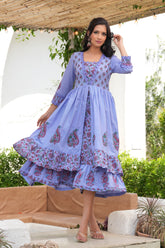 Purple Handblocked A-line Pleated Layered Midi Dress