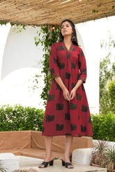 Maroon Embroidered Haathi Print Midi Dress