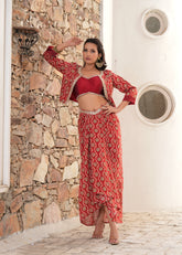 Red Sindoori Chanderi Jacket & Drape Skirt Fusion Set