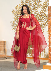 Red Hand Embroidered Corset Cape & Draped Fusion Set