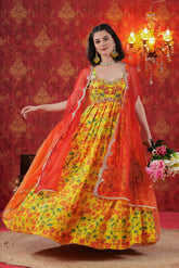 Yellow Marigold Cape Floral Printed Gown with Dupatta