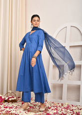 Cobalt Blue Pin Tuck A-Line Kurta Kota Doriya Dupatta Set