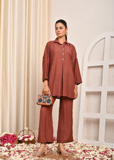 Brown Silk Crinkle Kaftan Co-ord Set
