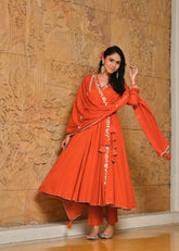 Kesari Mulmul Angrakha Kurta Dupatta Set