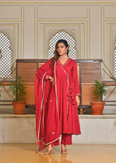 Rani Pink Mulmul Angrakha Kurta Dupatta Set