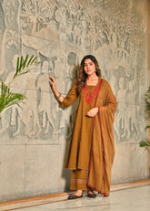 Caramel Brown Applique Work Anarkali Cotton Kurta Dupatta Set