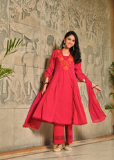 Magenta Applique Work Anarkali Cotton Kurta Dupatta Set