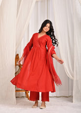 Red Pin Tuck A-Line Kurta Kota Doriya Dupatta Set