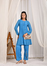 Saaj Sheesh Mahal Mul Chanderi Co-ord Set-Blue
