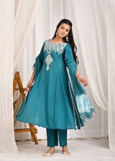 Sea- Green Embroidered A-Line Kurta Set with Bandhej Dupatta