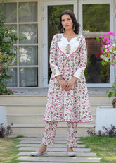 Buti Jaal White Hand Blocked Kurta Pant Set