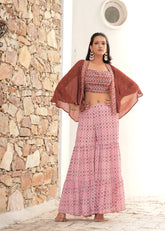 Biscuit Brown Cape & Mirror Work Top with Sharara Fusion Set