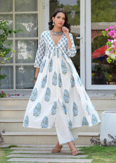 Gunaar White Blue Gathered A-Line Kurta Set