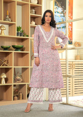 Lavender White A-Line Kurta Palazzo Set