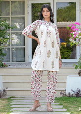 Buti Jaal White Hand Blocked Printed A-Line Coord Set