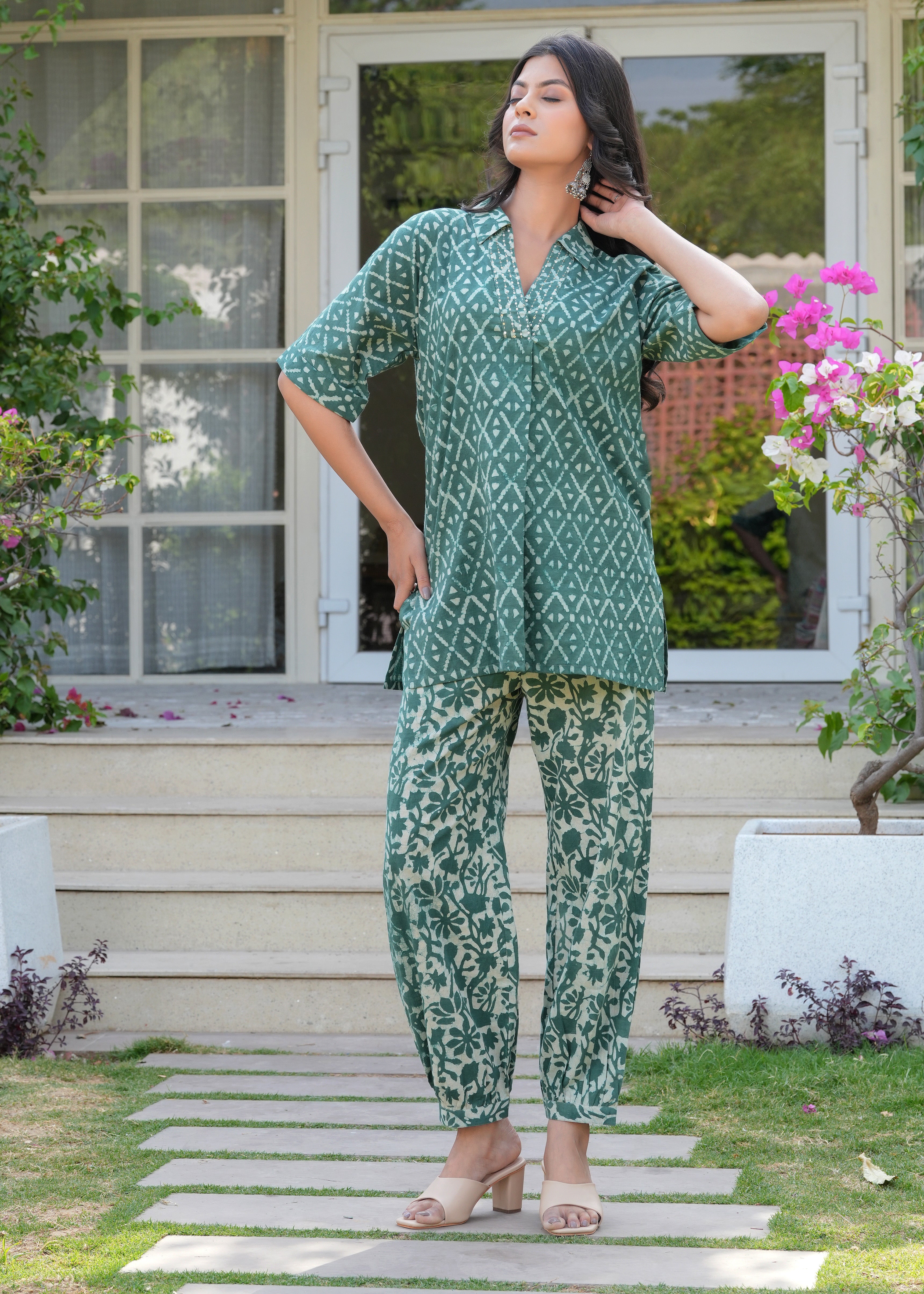 Sage Green Dabu Kaftan Co-ord Set