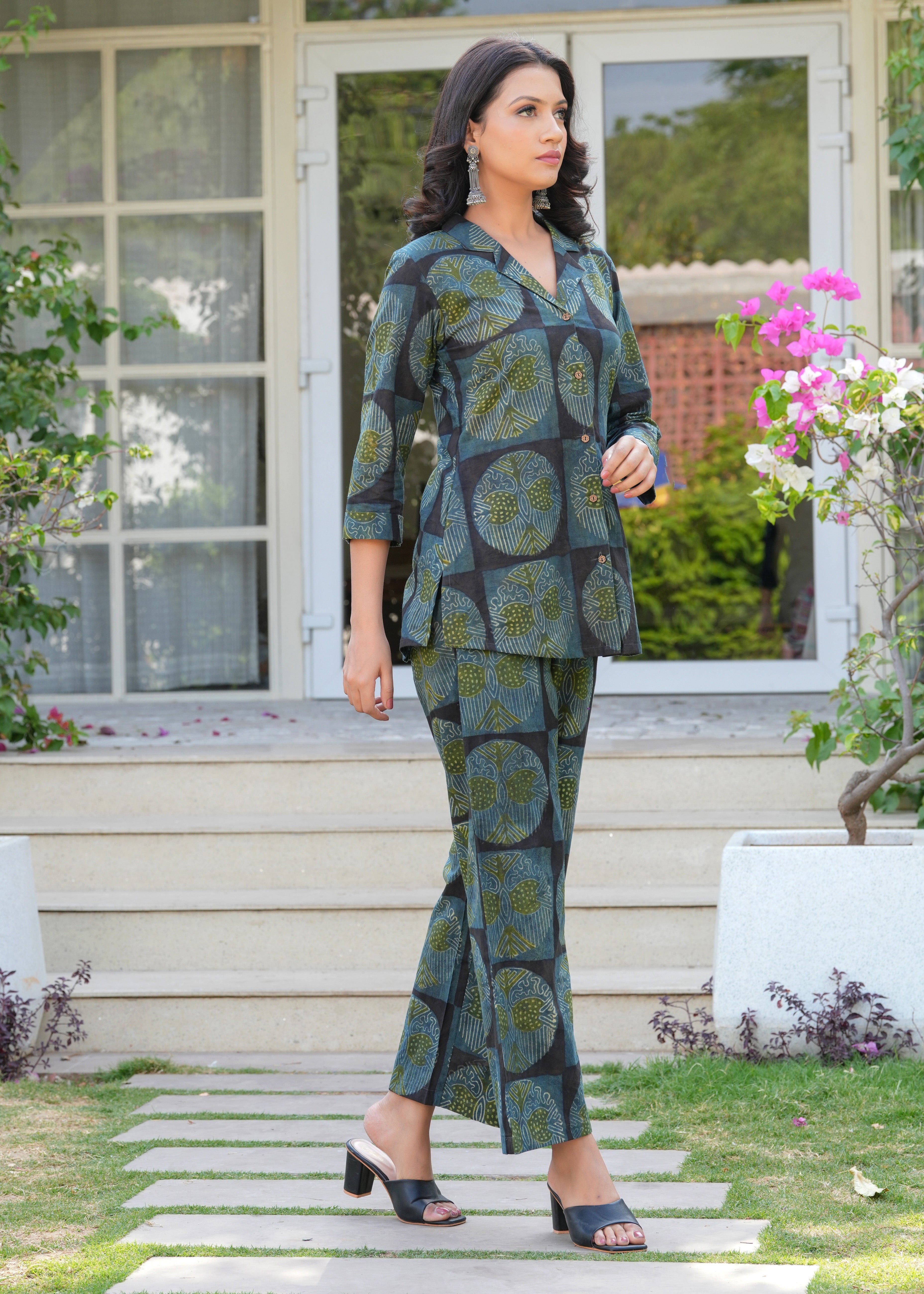 Charcoal Vanaspati Print Straight Jacket Co-ord Set