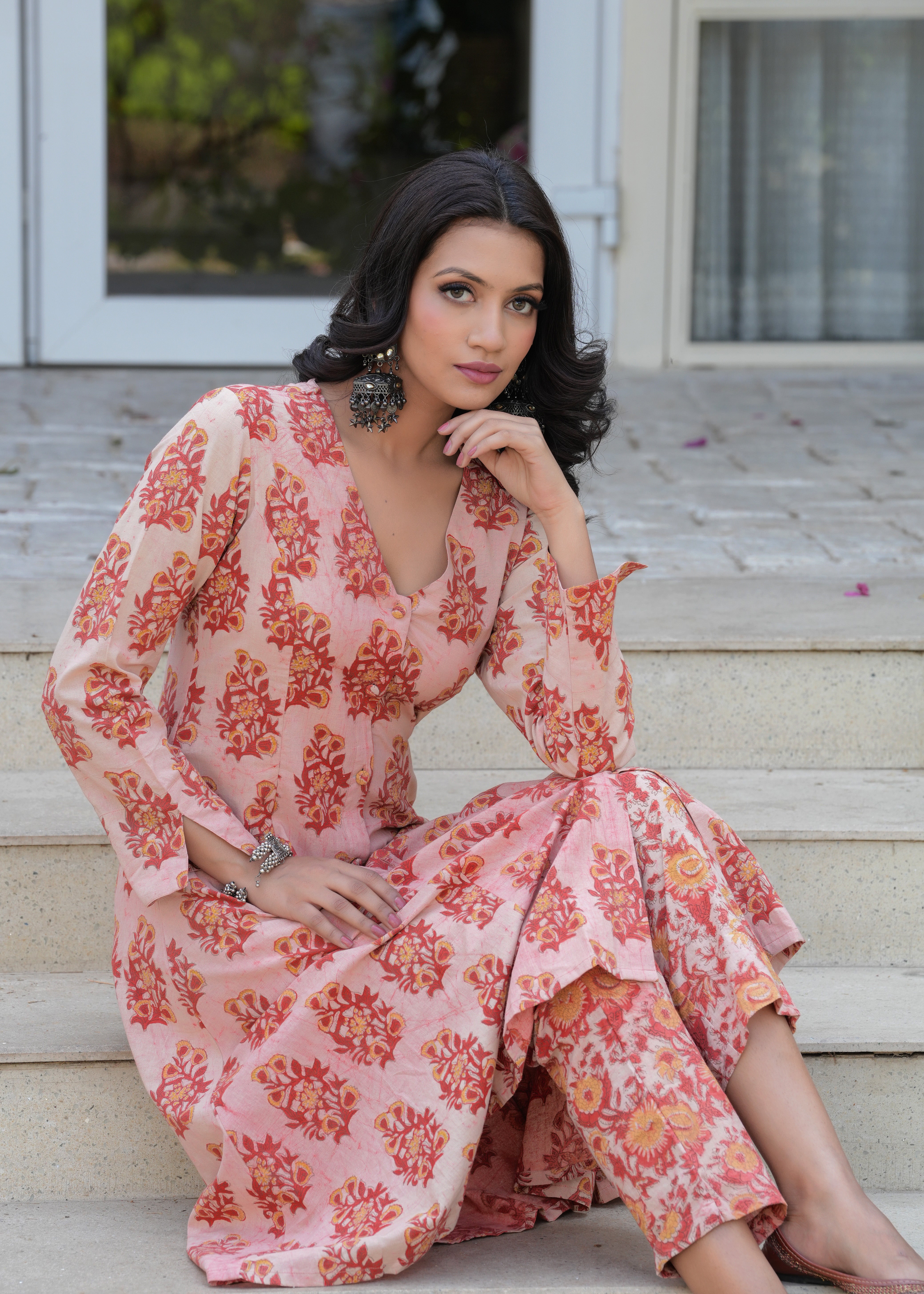 Carrot Red Vanaspati Print A-Line Kurta Set