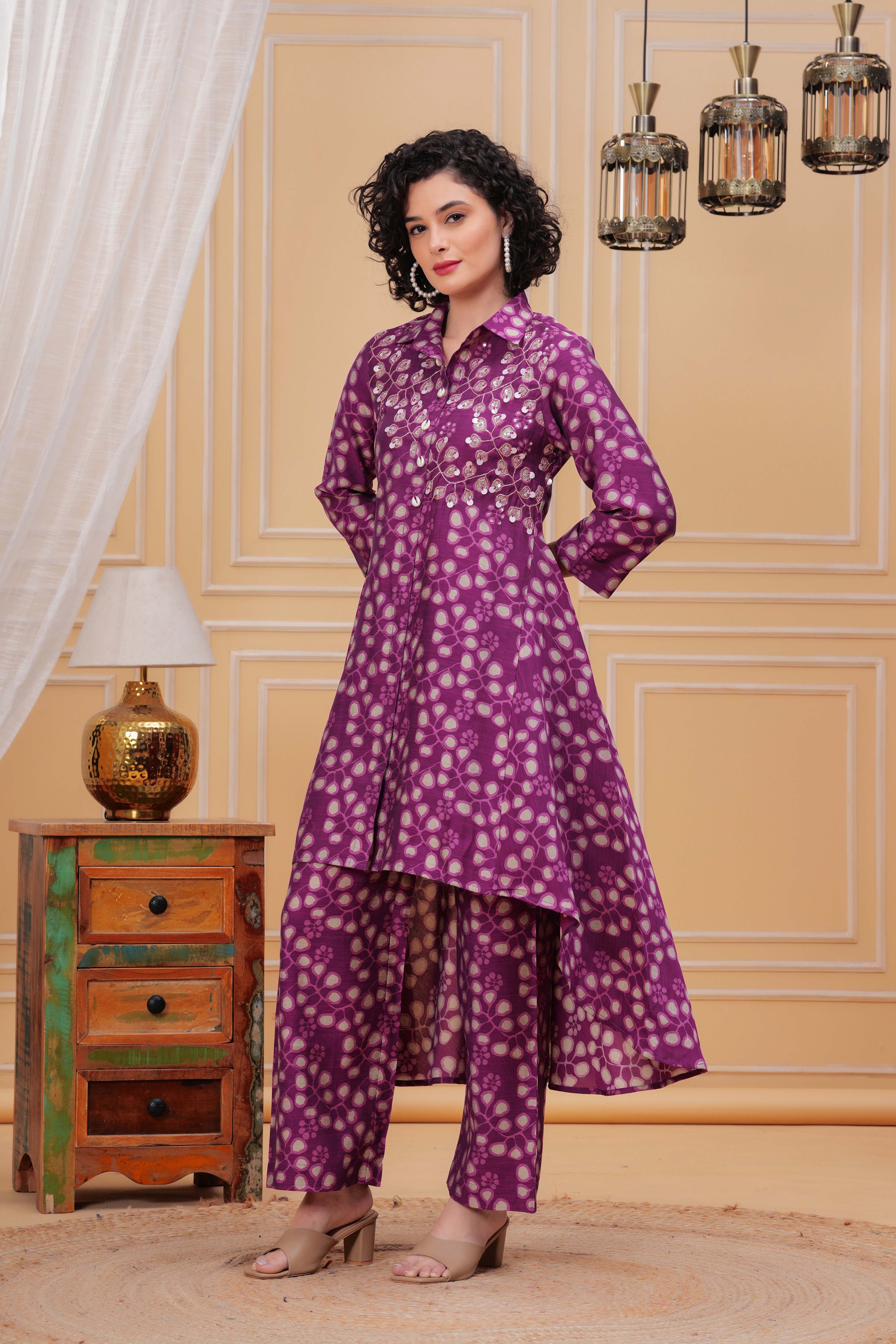 Purple Punch Hand Embroidered Assymetrical Kurta Set