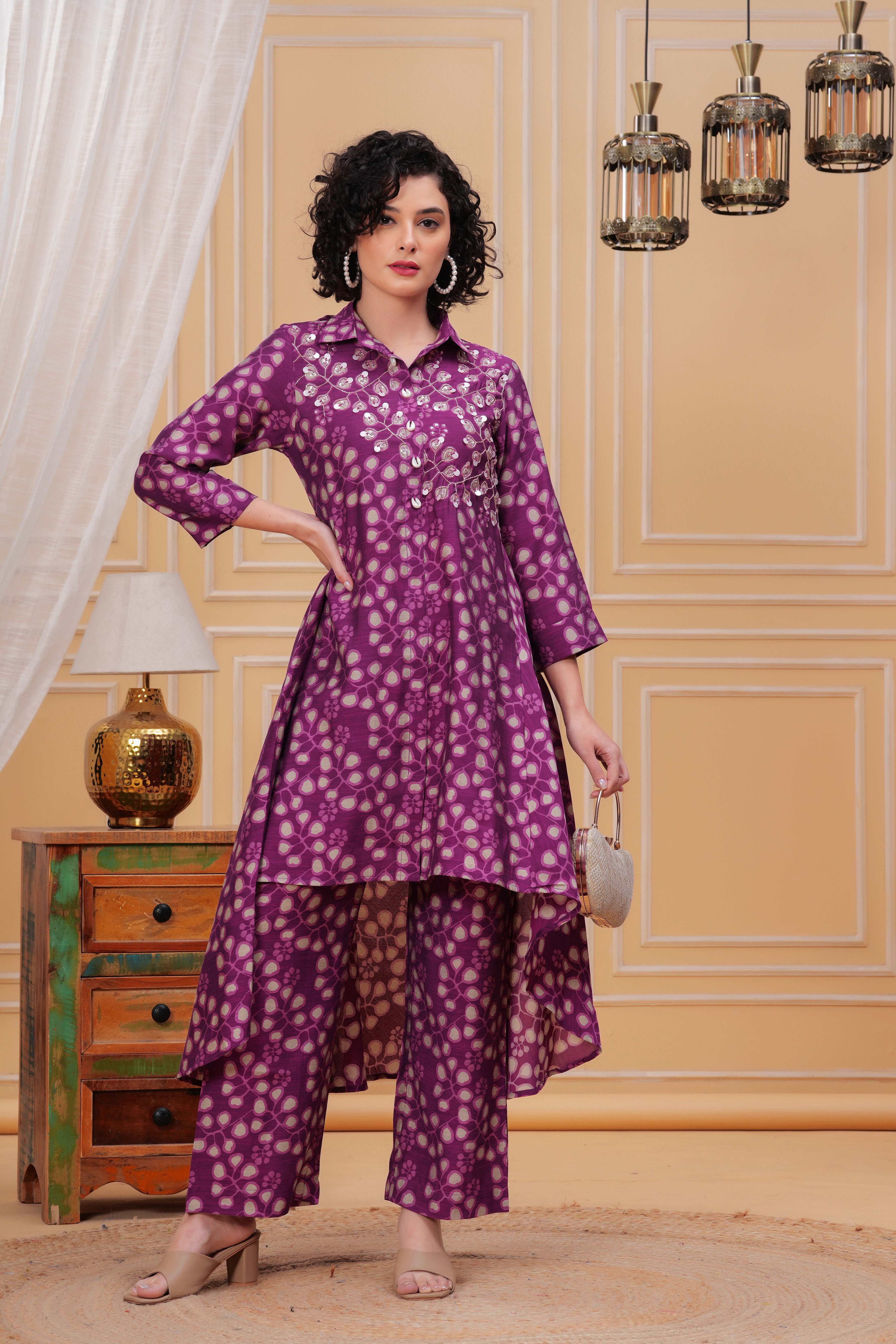 Purple Punch Hand Embroidered Assymetrical Kurta Set