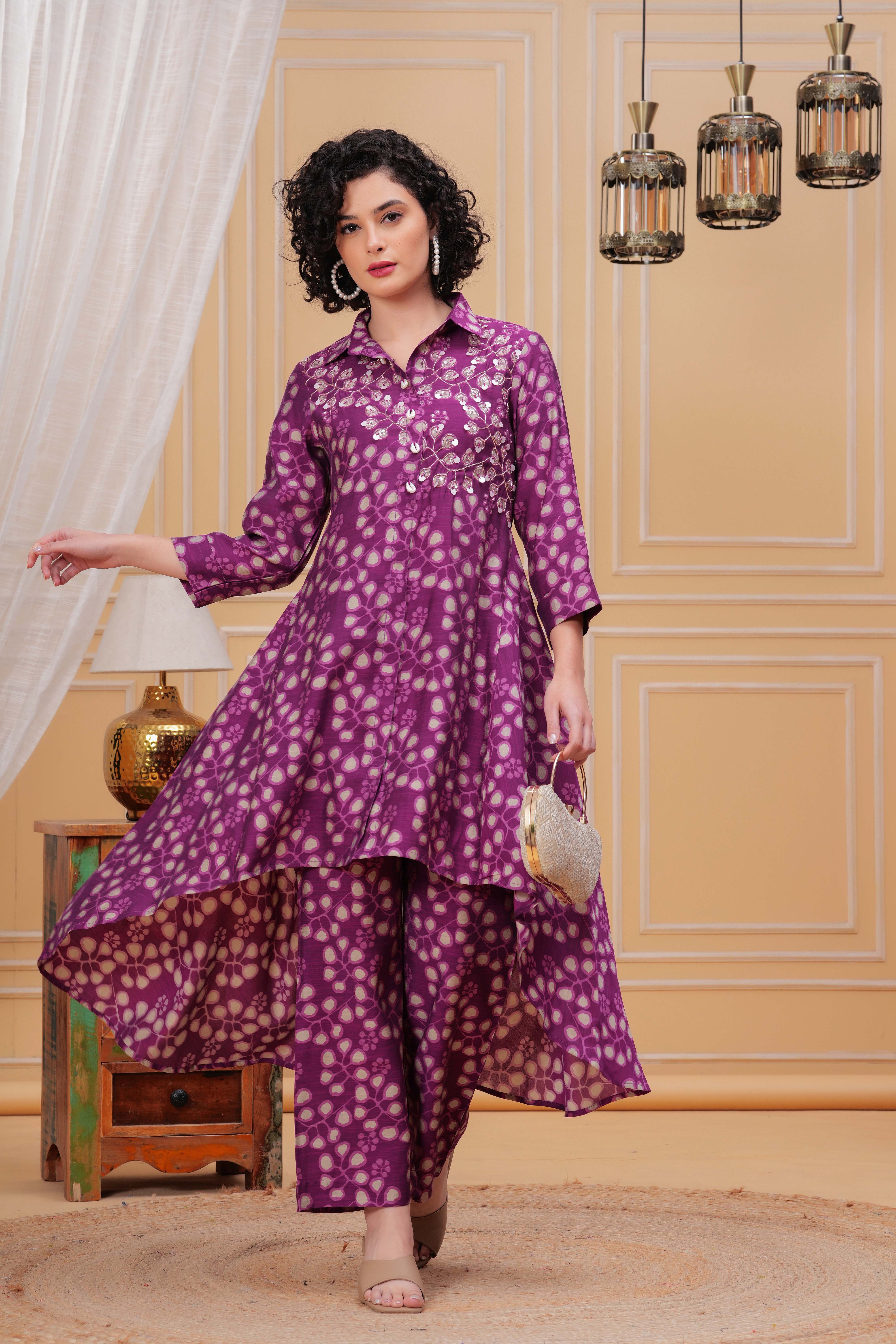 Purple Punch Hand Embroidered Assymetrical Kurta Set