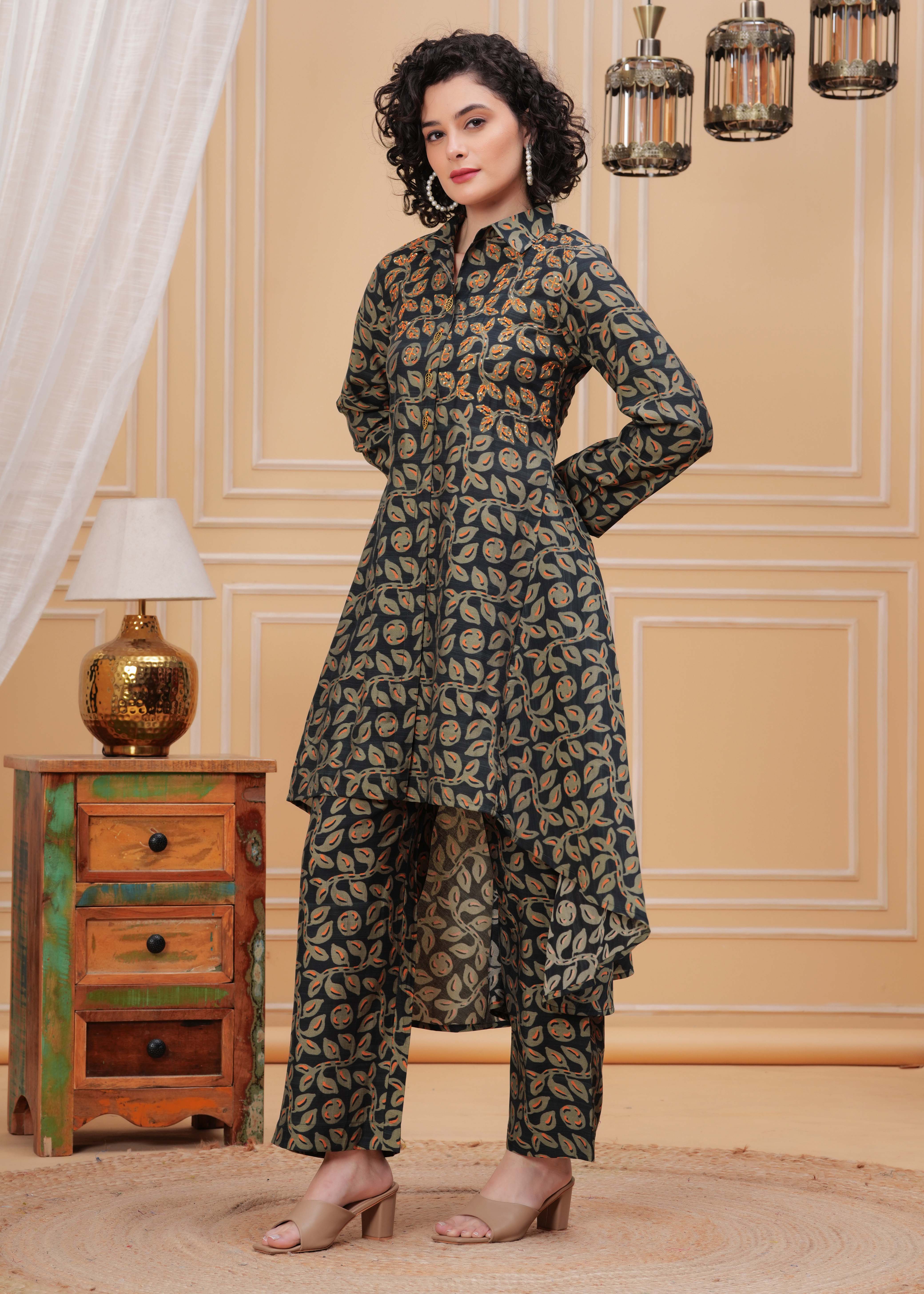 Green Kala Khatta Hand Embroidered Assymetrical Kurta Set