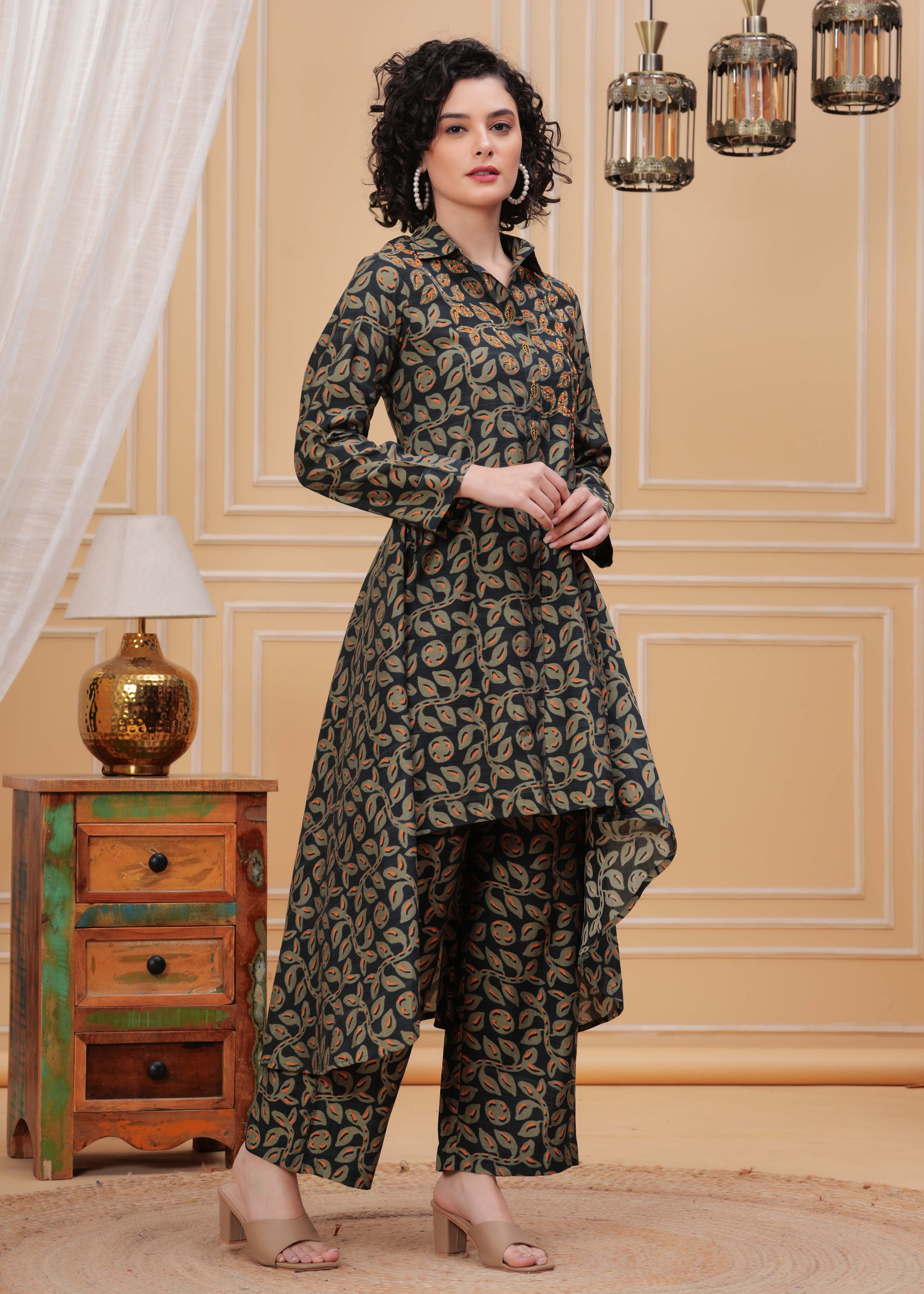 Green Kala Khatta Hand Embroidered Assymetrical Kurta Set