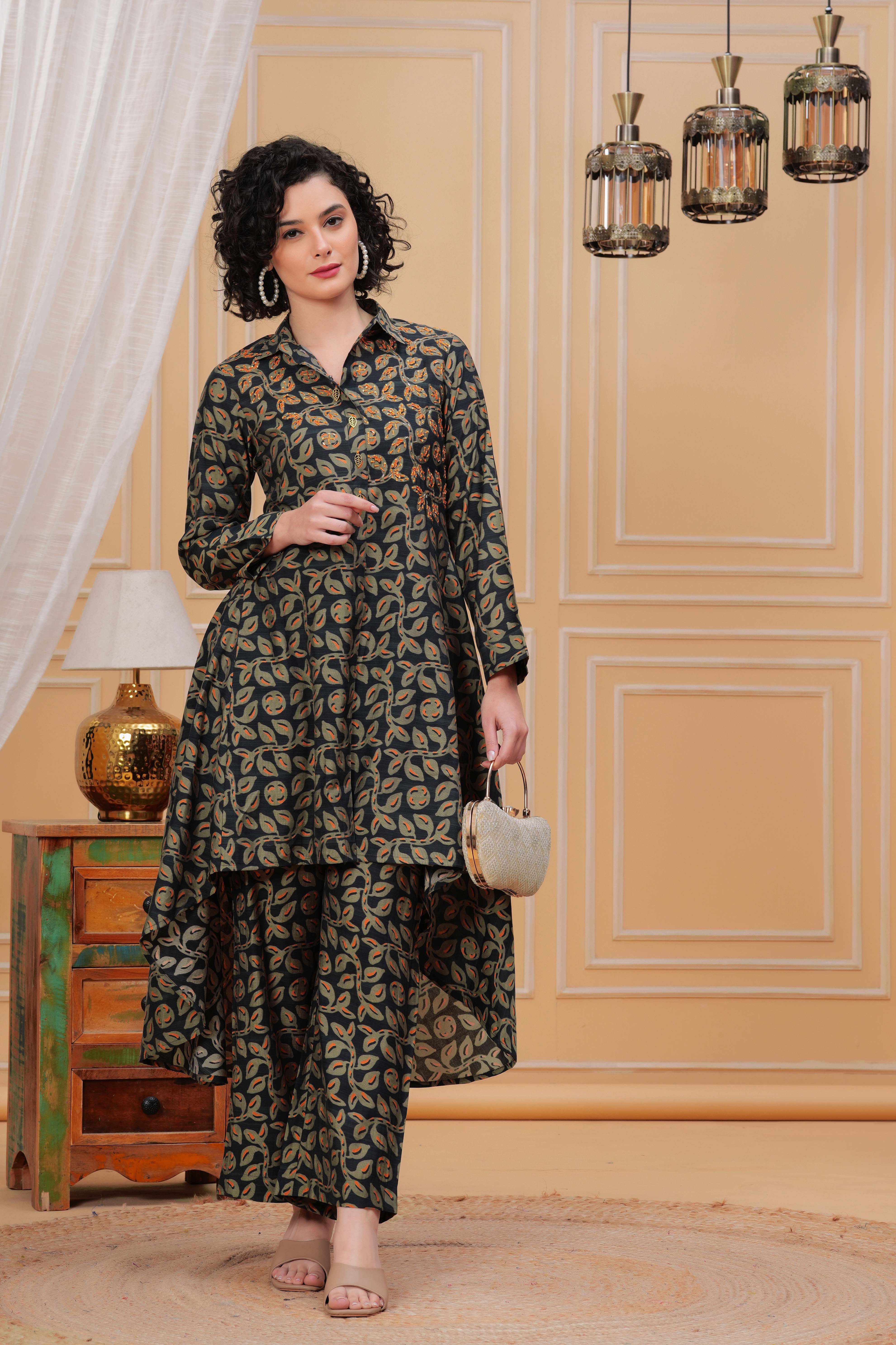 Green Kala Khatta Hand Embroidered Assymetrical Kurta Set