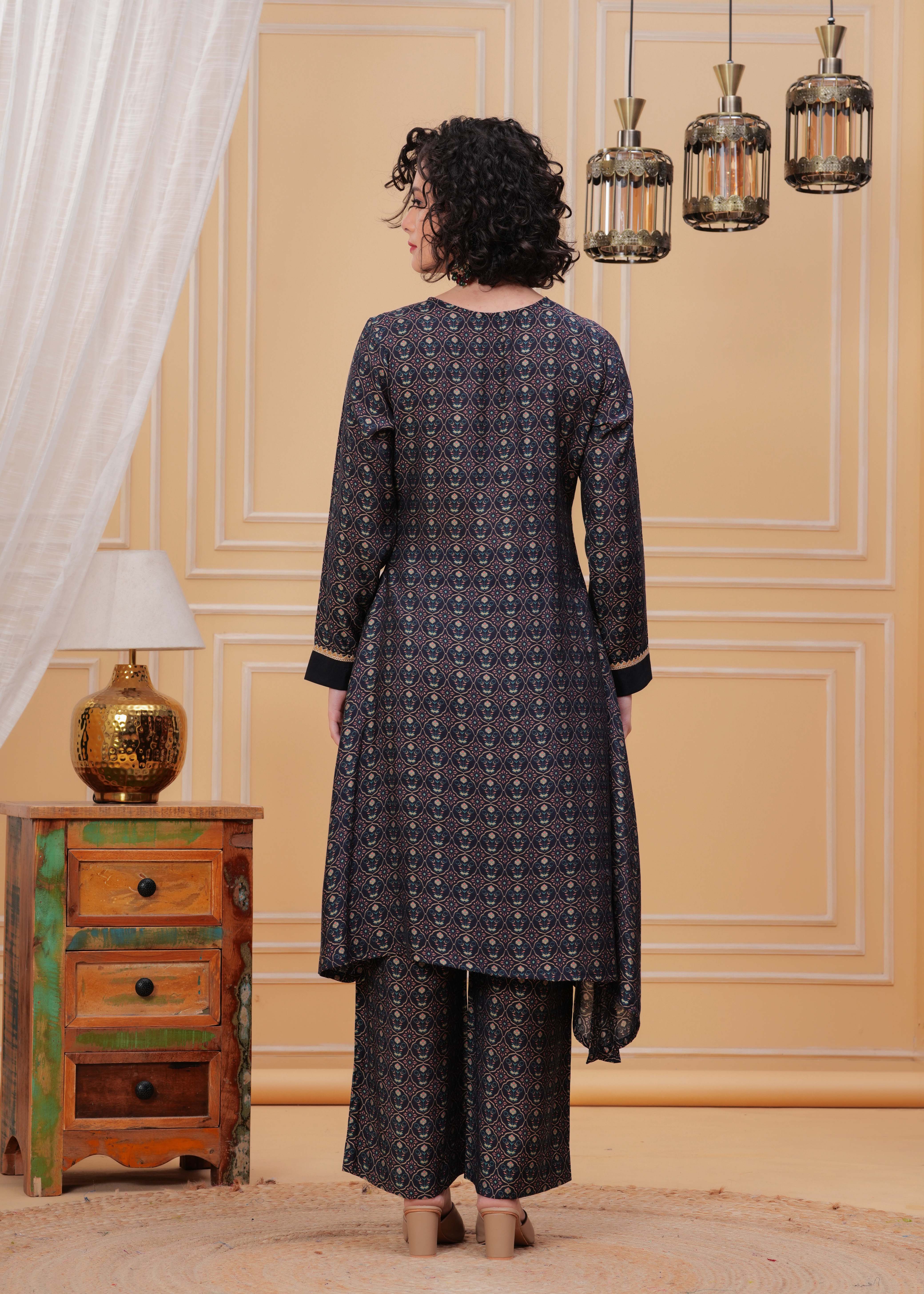 Blue Berry Zari Embroidered Asymmetrical Kurta Set