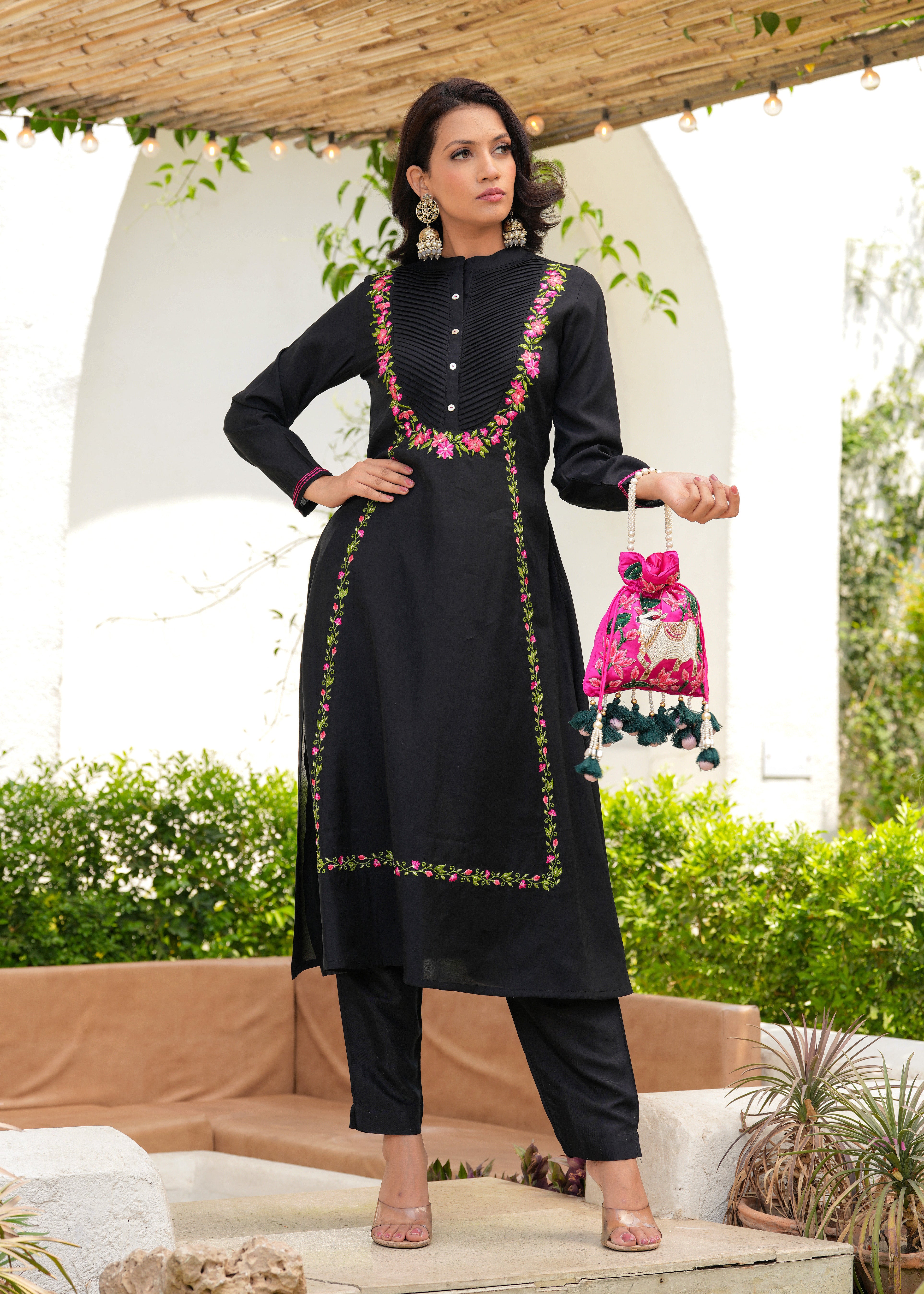 Black Floral Resham Emrboidered Kurta Set