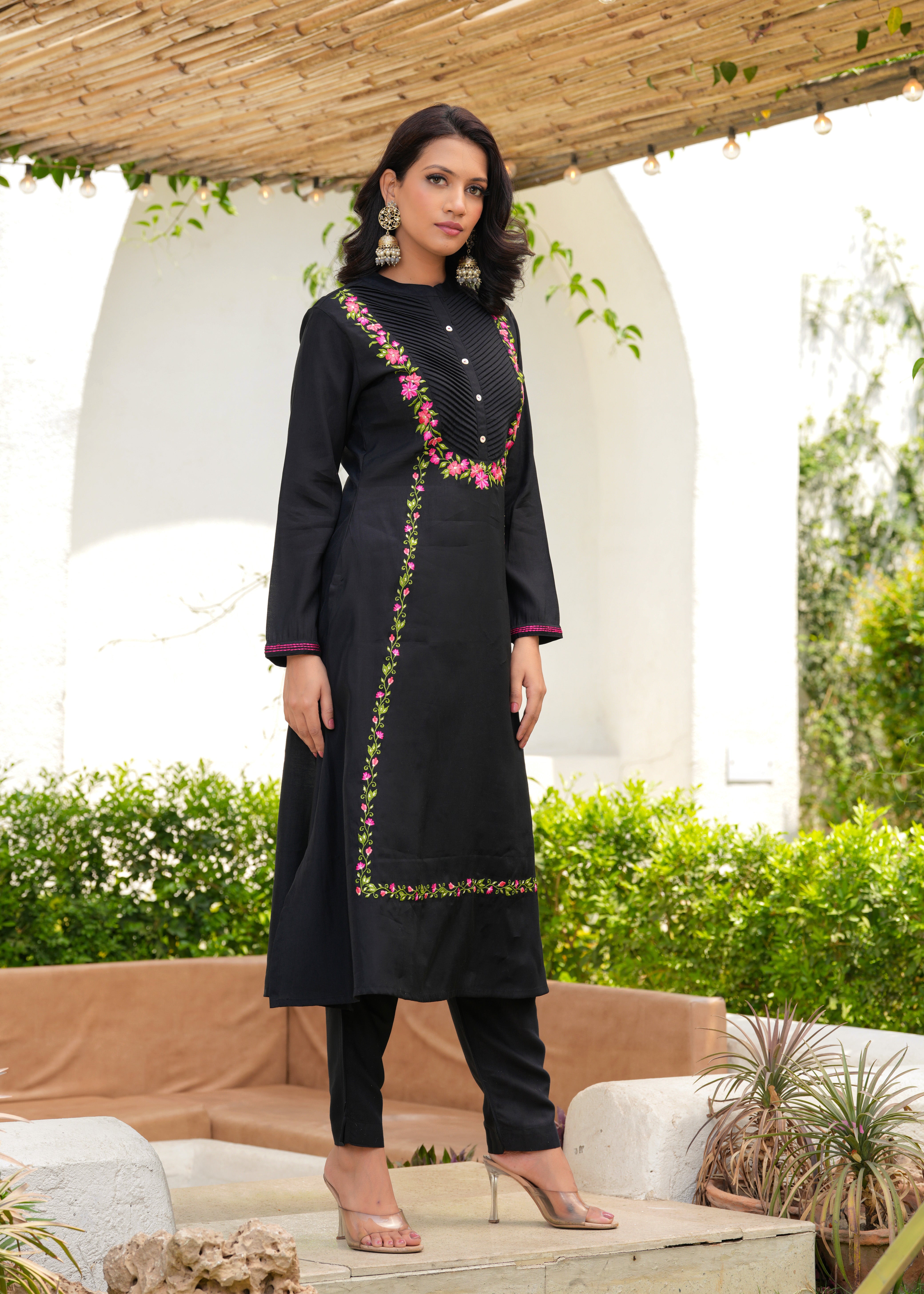 Black Floral Resham Emrboidered Kurta Set