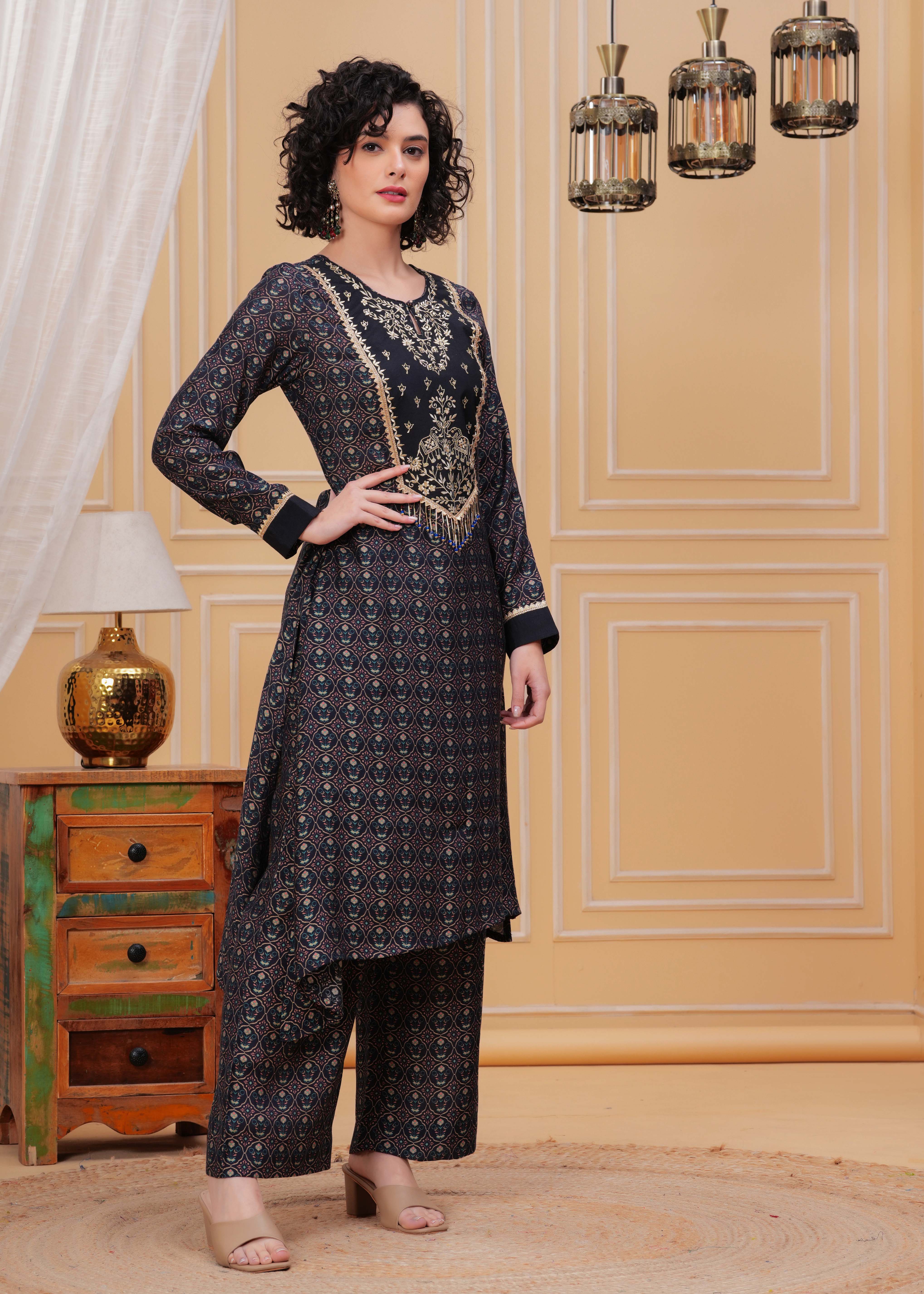 Blue Berry Zari Embroidered Asymmetrical Kurta Set