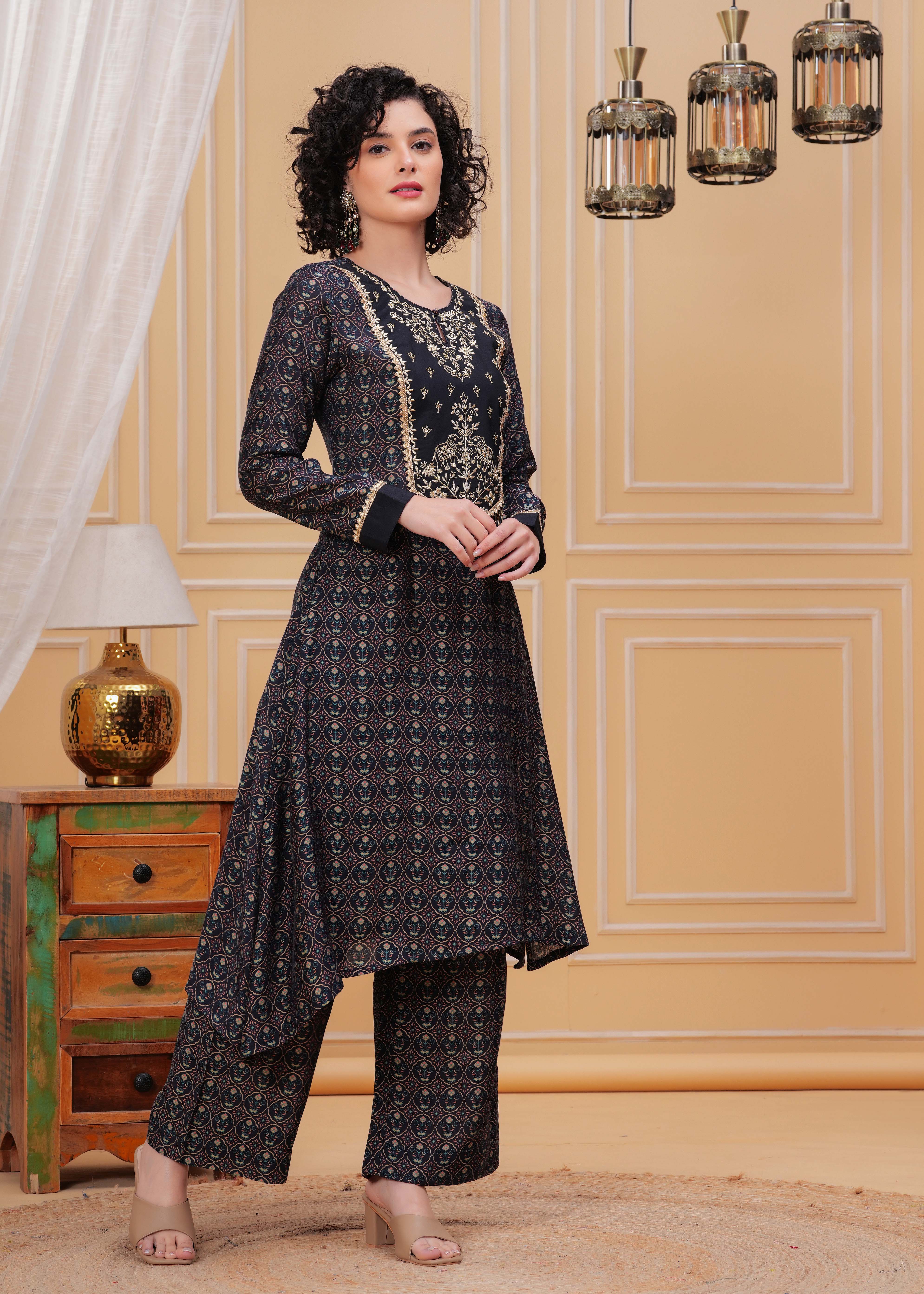 Blue Berry Zari Embroidered Asymmetrical Kurta Set