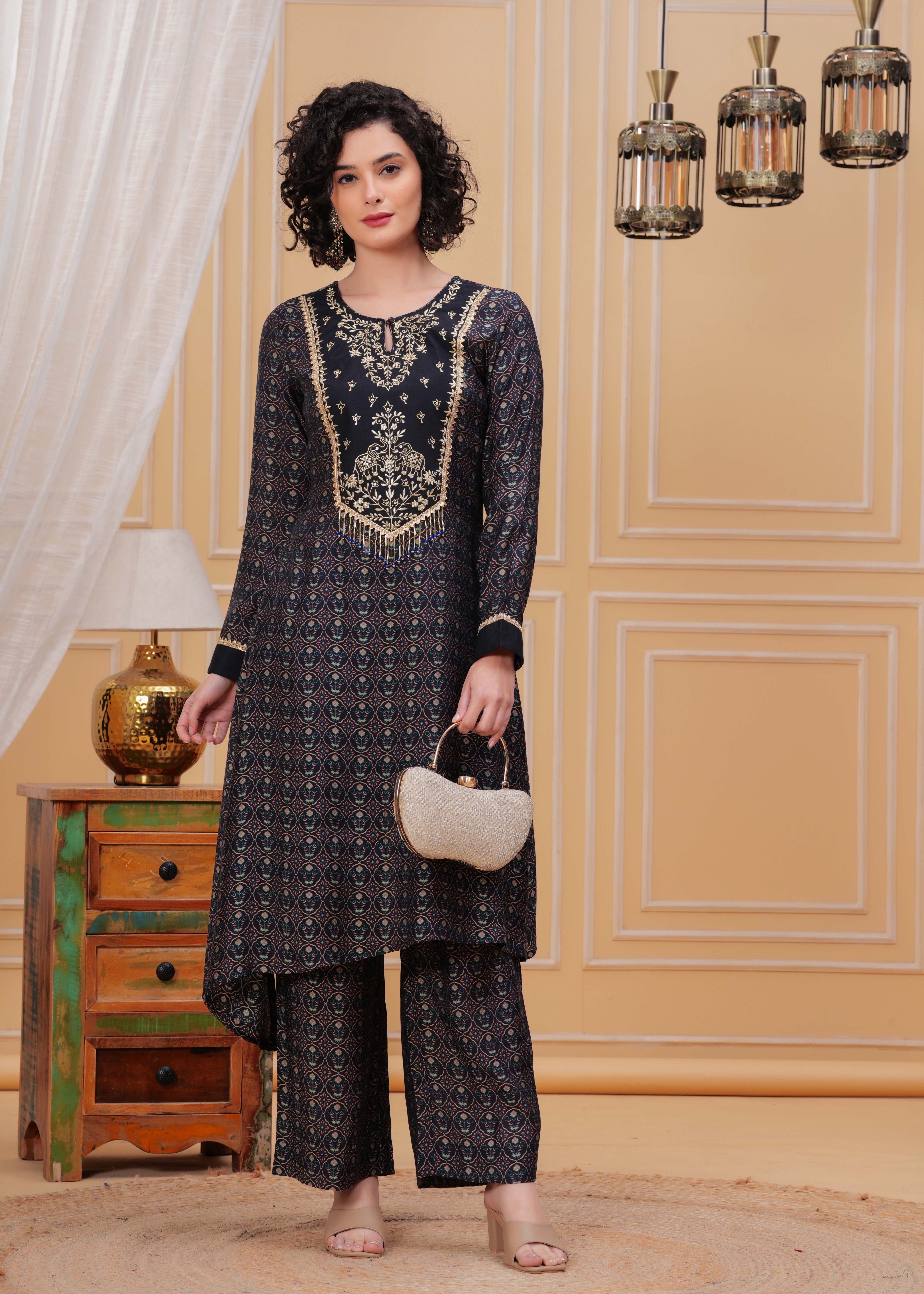 Blue Berry Zari Embroidered Asymmetrical Kurta Set
