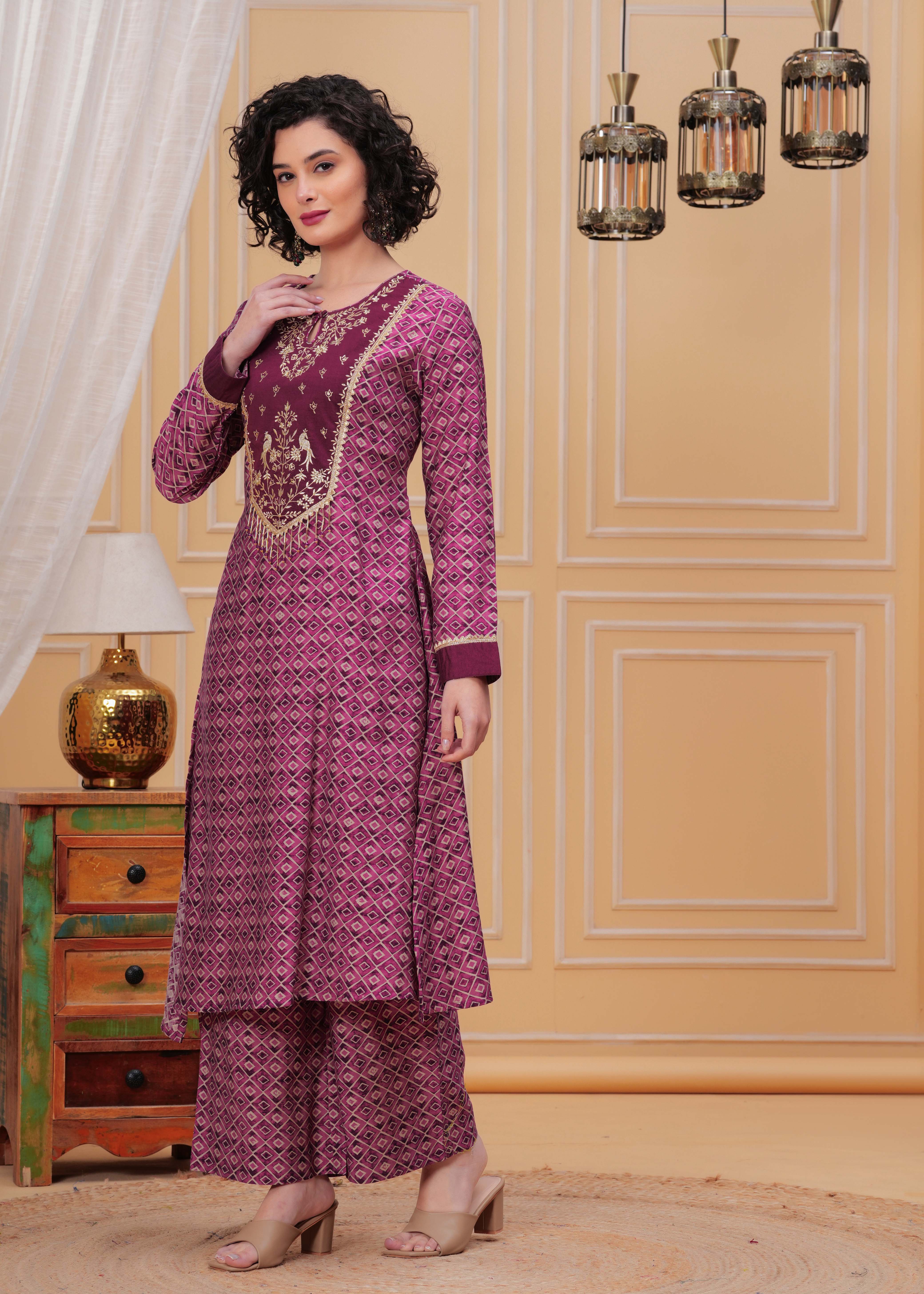 Wine Zari Embroidered Asymmetrical Kurta Set