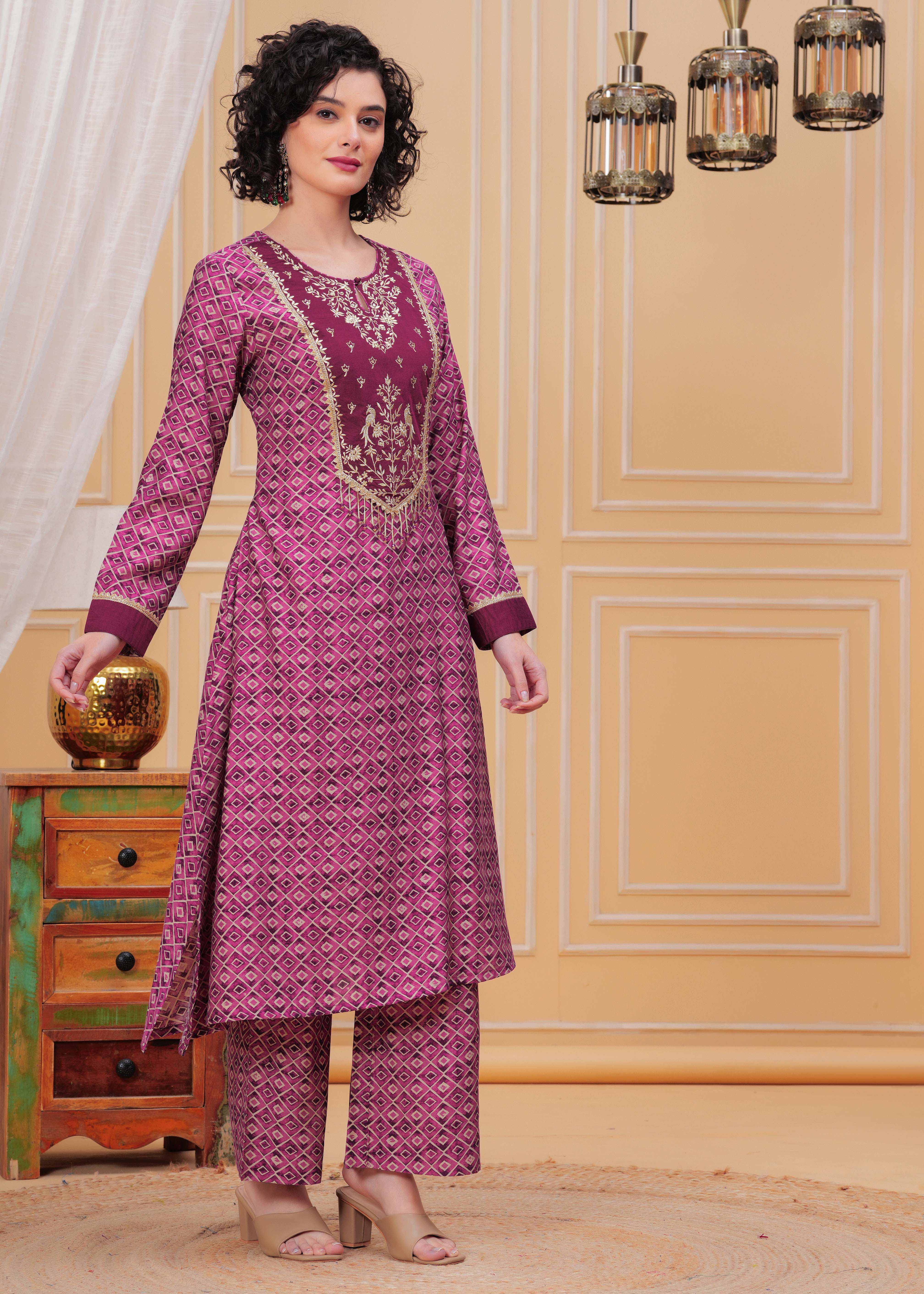Wine Zari Embroidered Asymmetrical Kurta Set