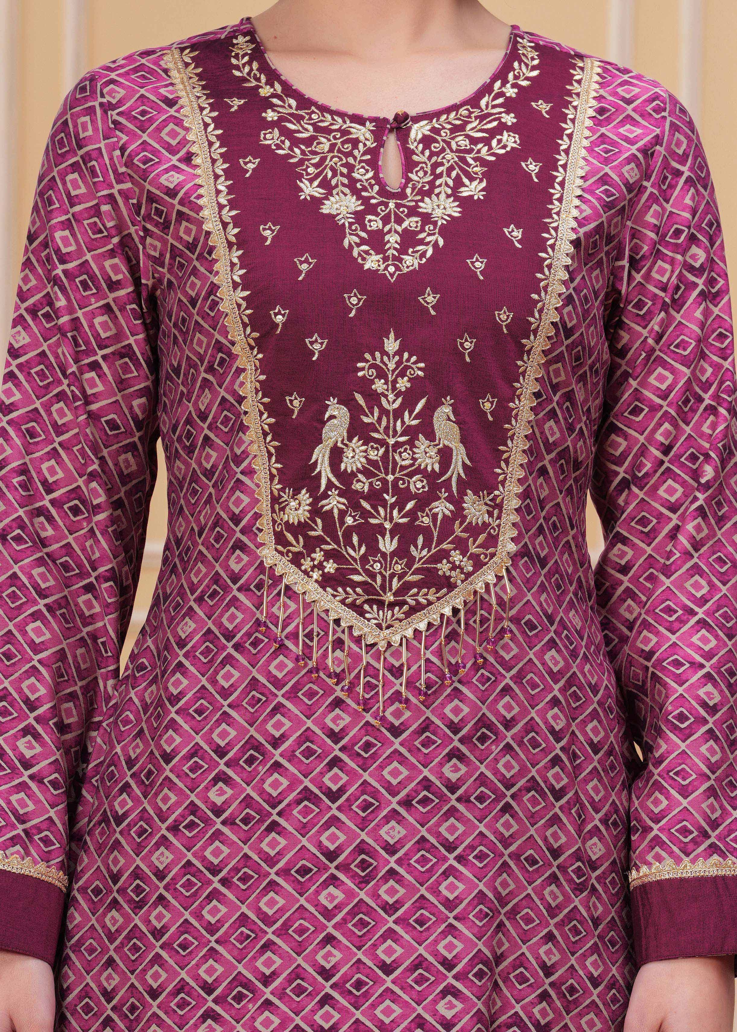 Wine Zari Embroidered Asymmetrical Kurta Set
