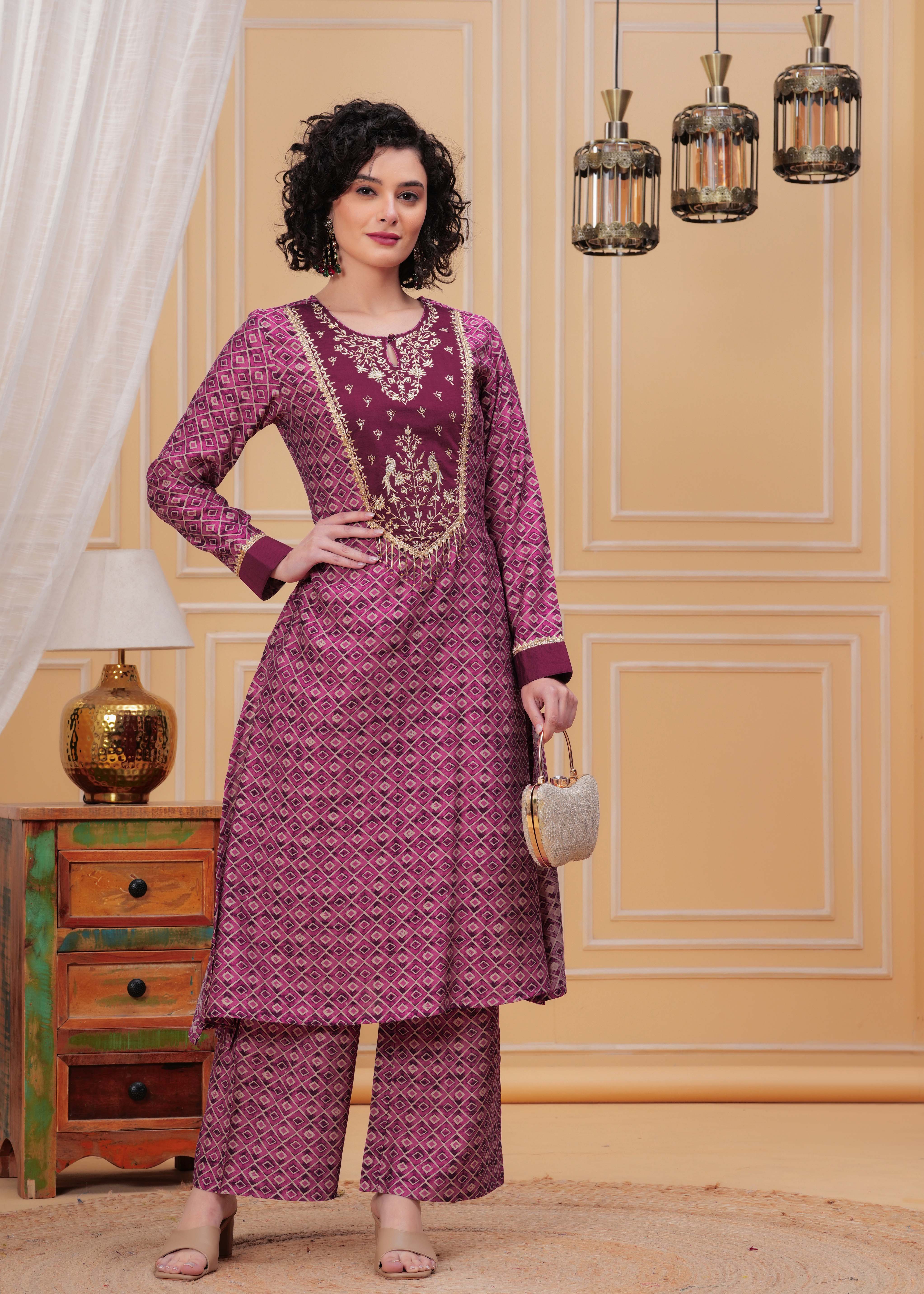 Wine Zari Embroidered Asymmetrical Kurta Set