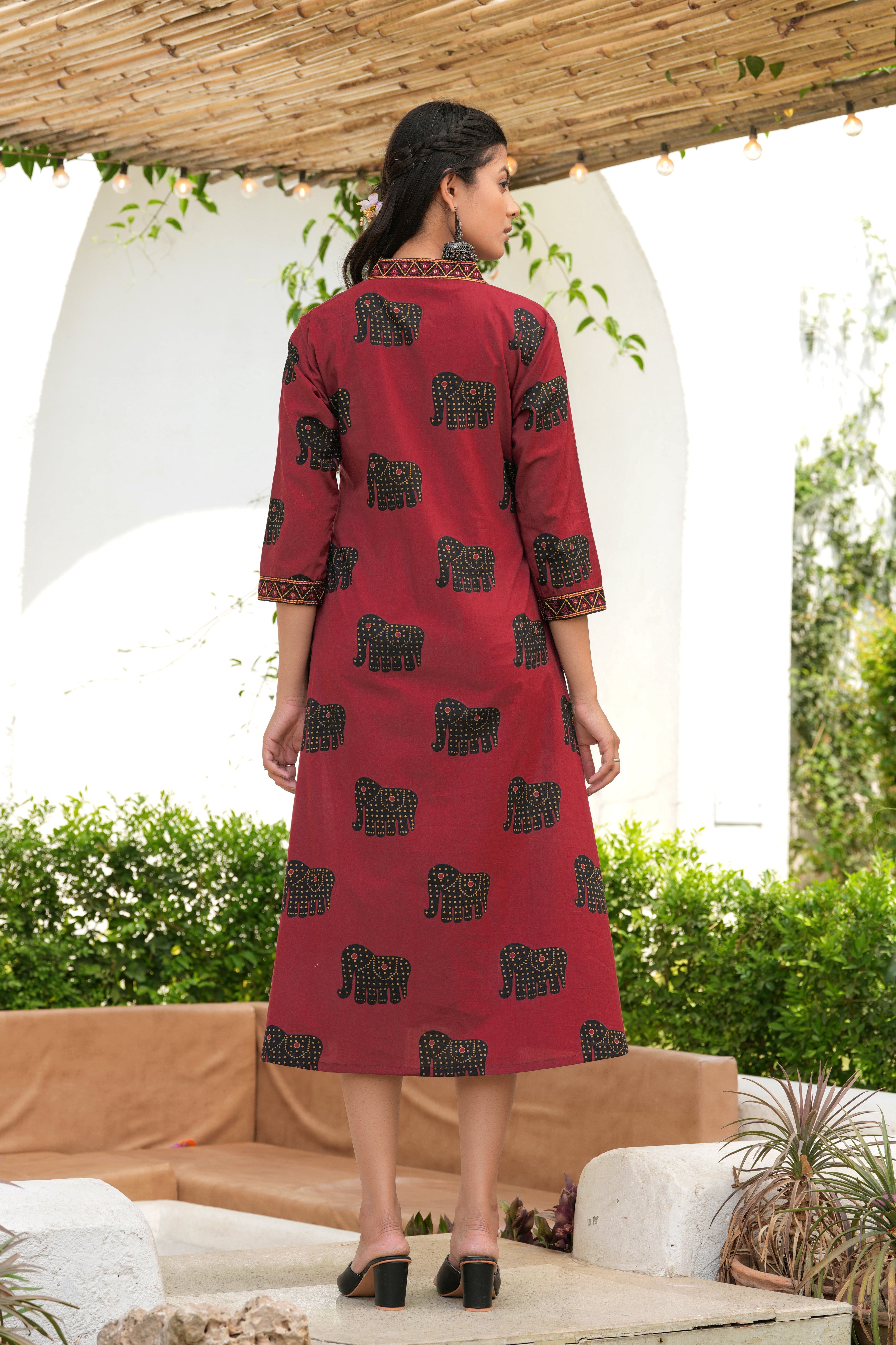 Maroon Embroidered Haathi Print Midi Dress