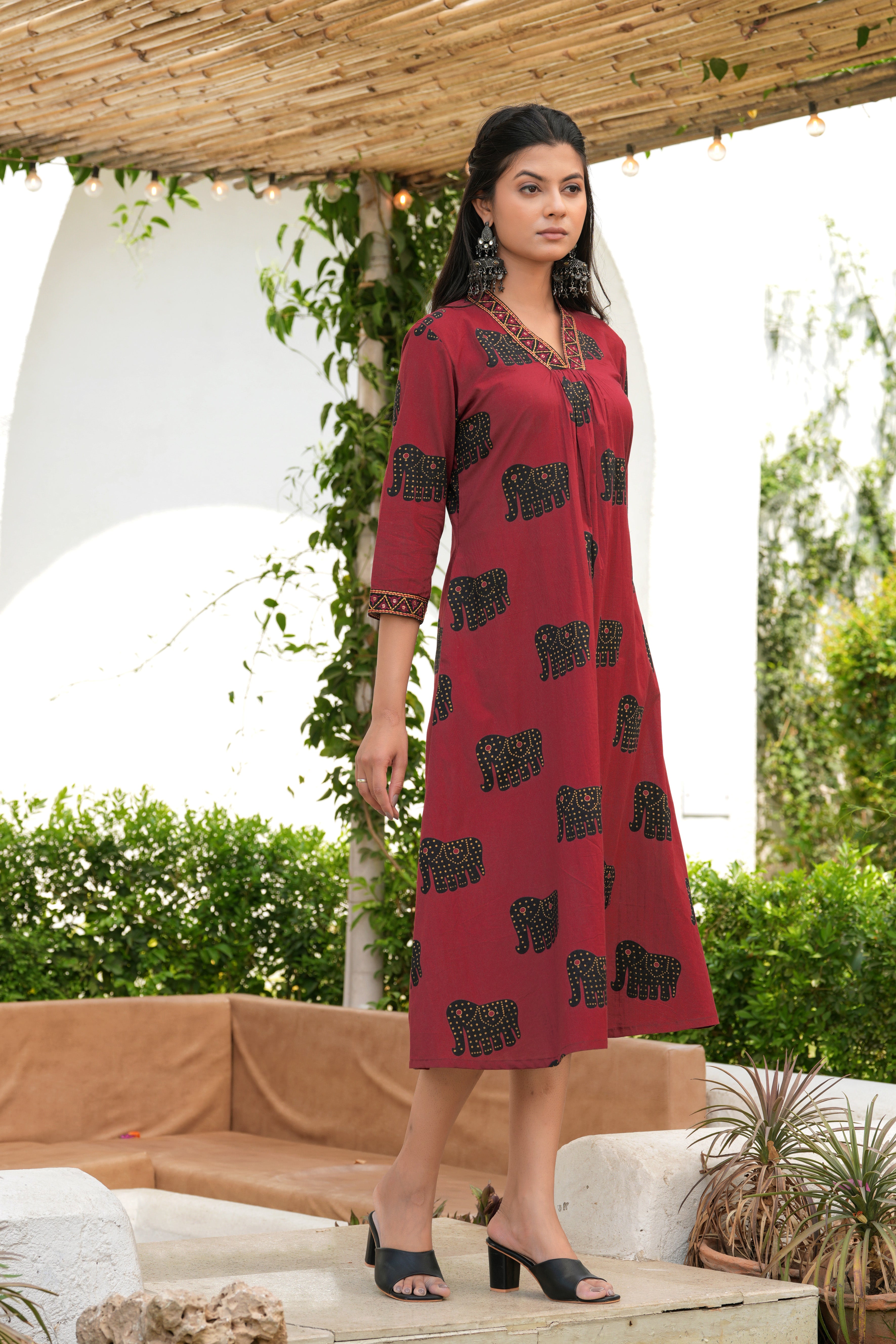 Maroon Embroidered Haathi Print Midi Dress