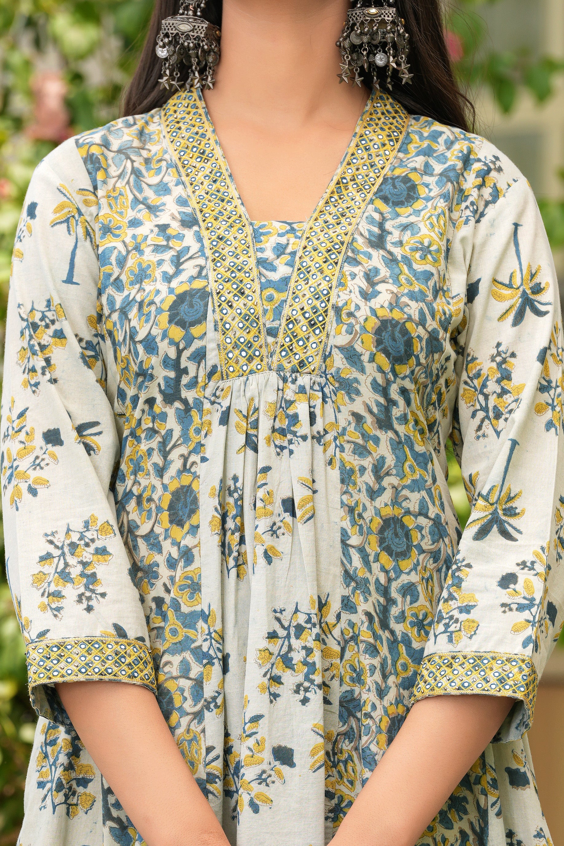 Blue Grey Embroidered Vanaspati Print Midi Dress