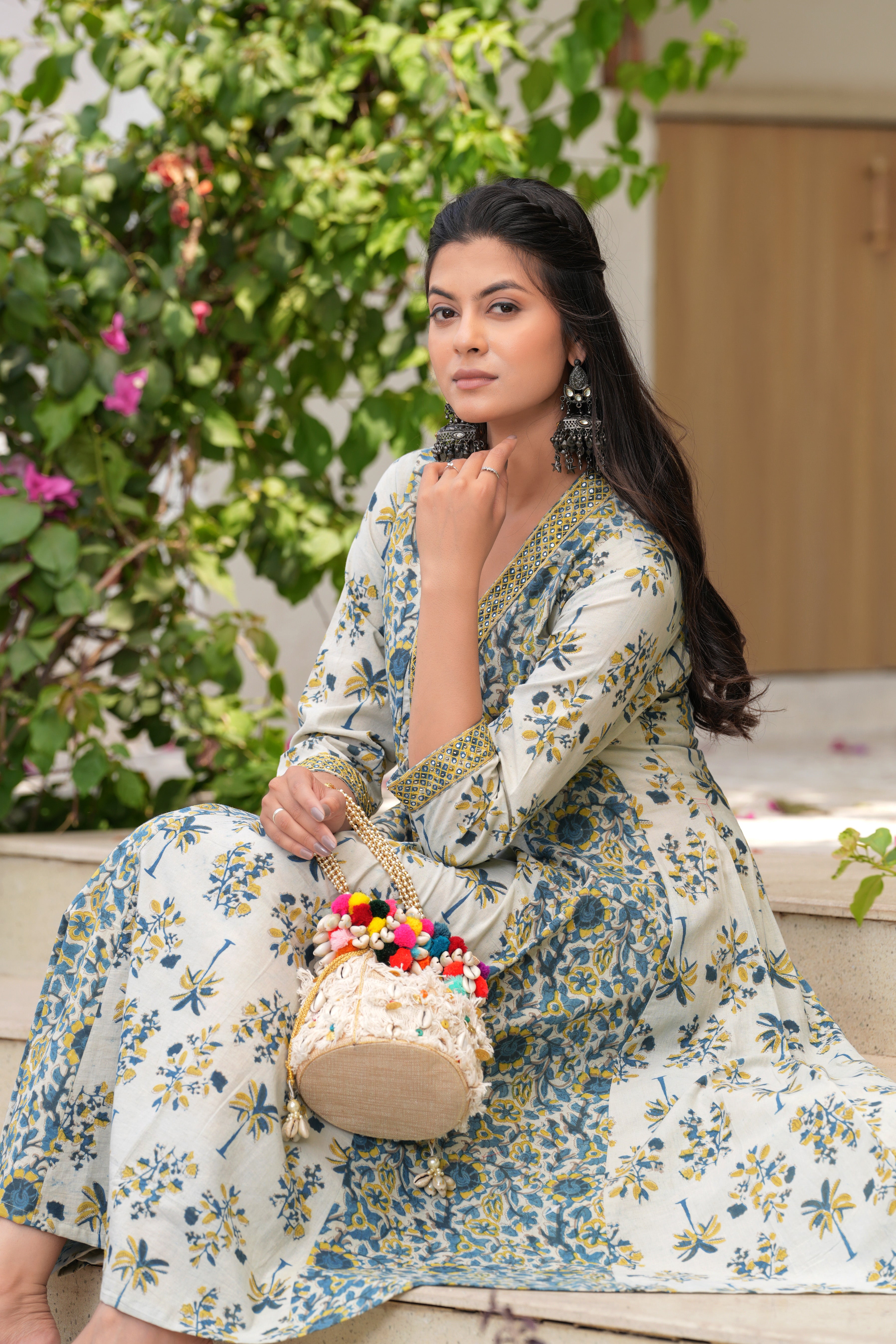 Blue Grey Embroidered Vanaspati Print Midi Dress