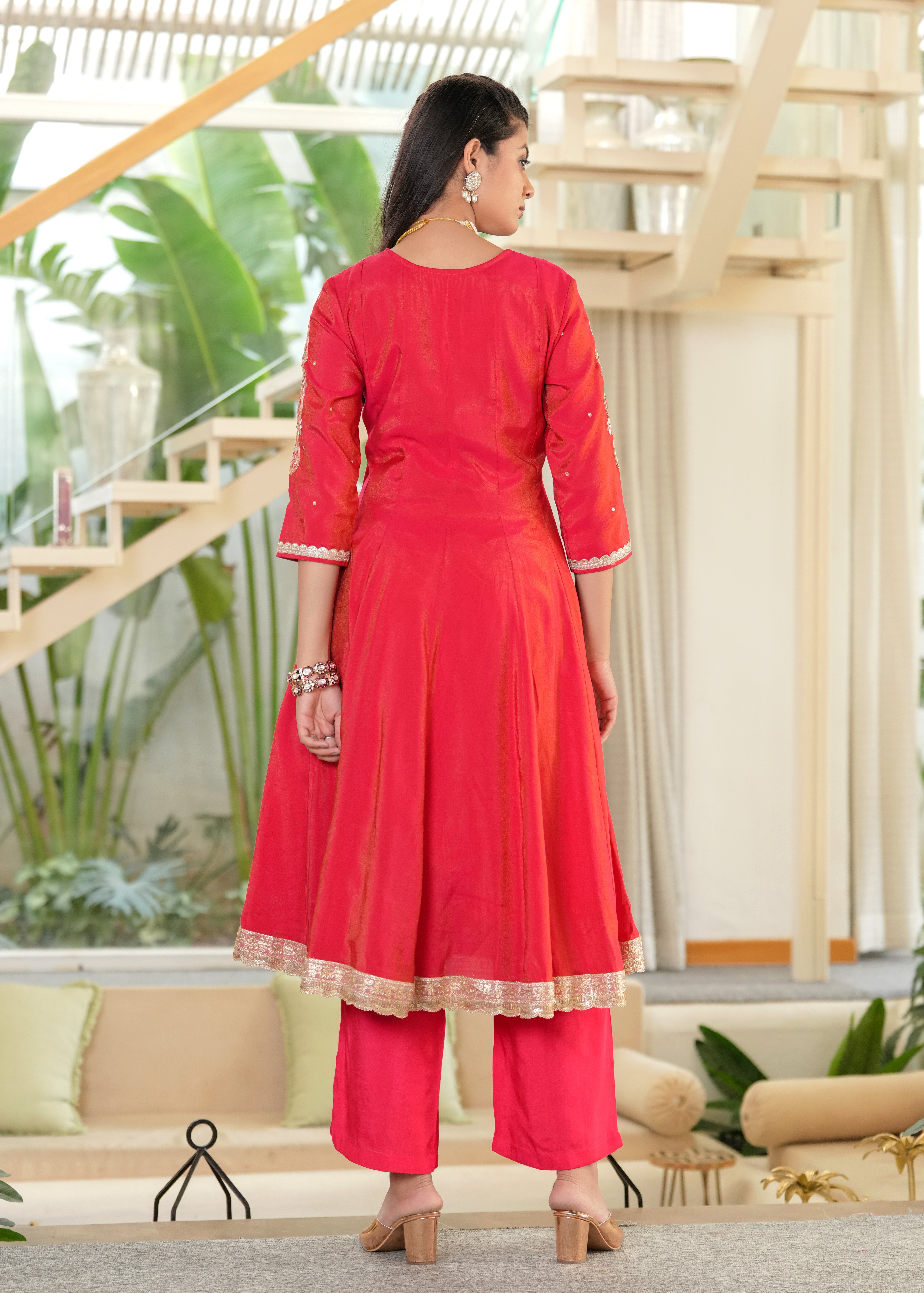 Red Sindoori Mirror Work Anarkali Set with Tissue Dupatta
