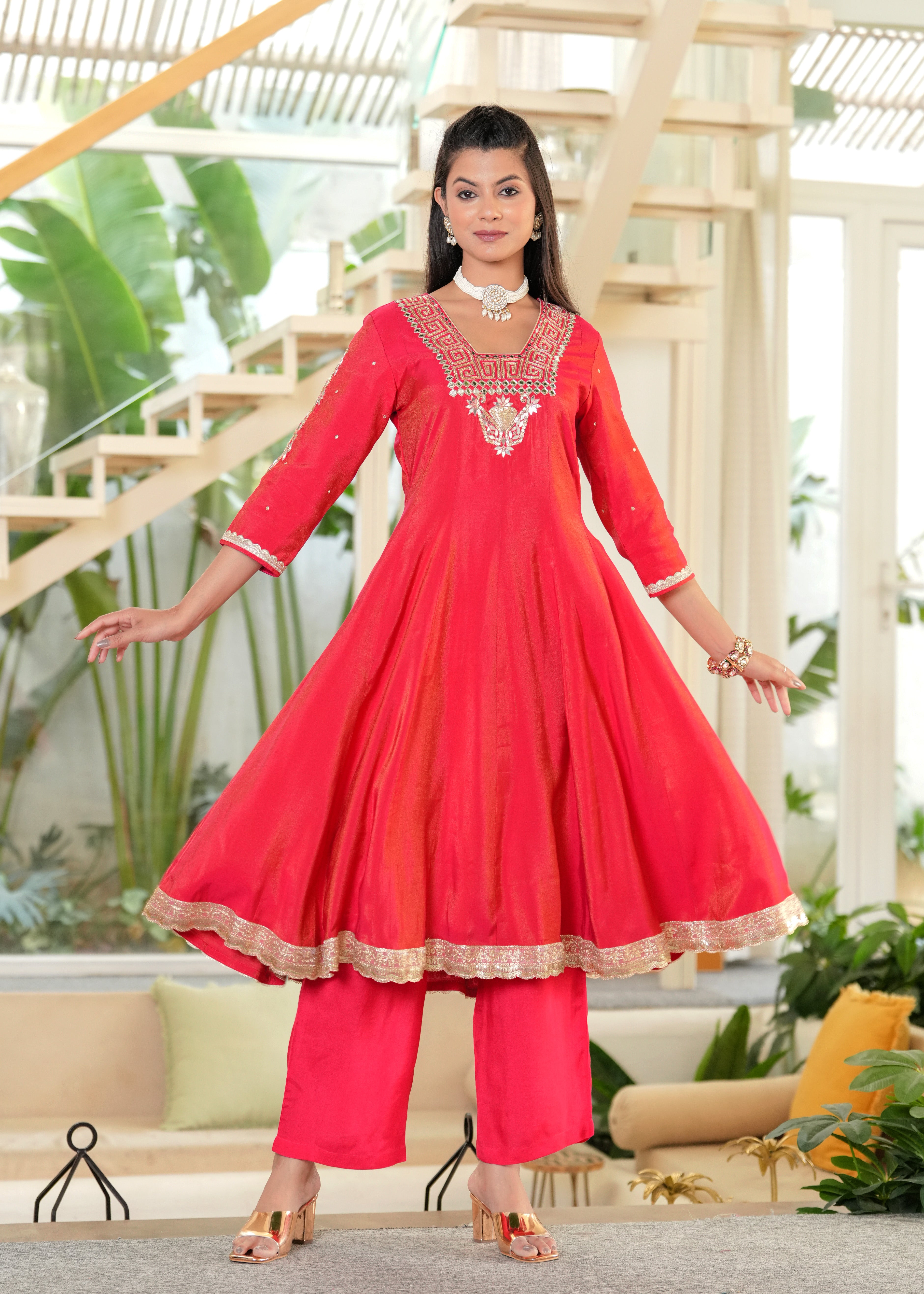 Red Sindoori Mirror Work Anarkali Set with Tissue Dupatta