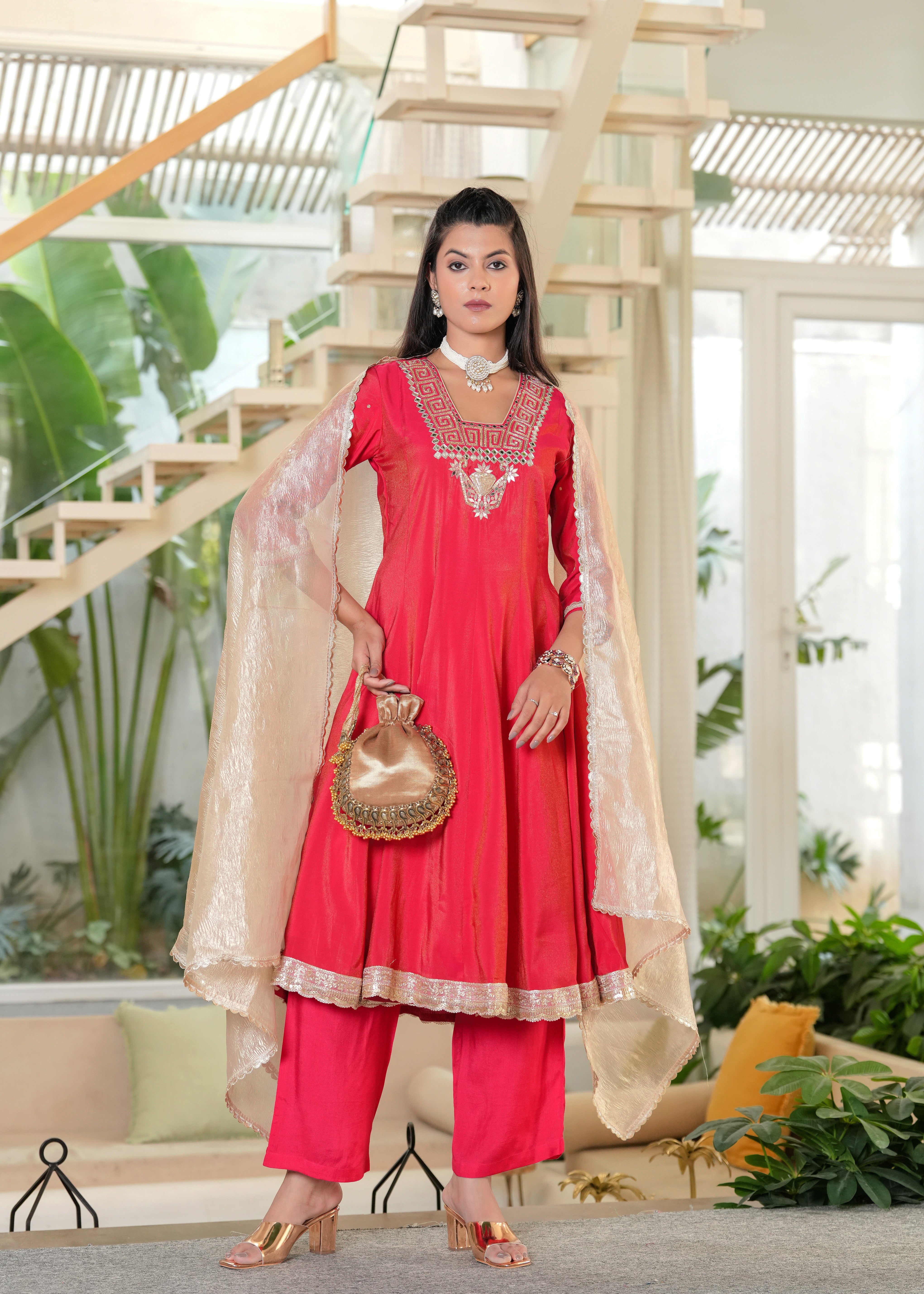 Red Sindoori Mirror Work Anarkali Set with Tissue Dupatta
