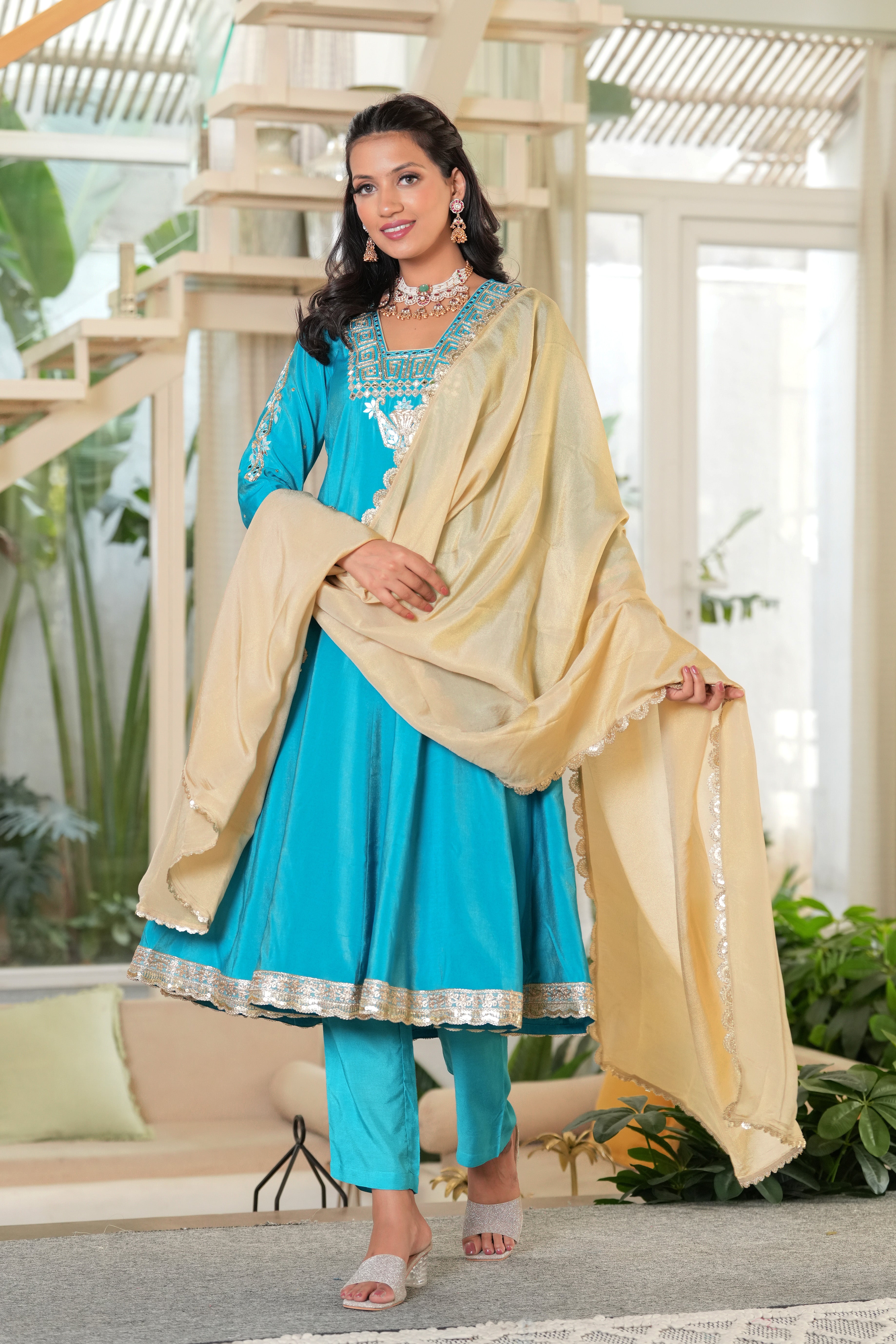 Turquoise Firoza Mirror Work Anarkali Set with Tissue Dupatta