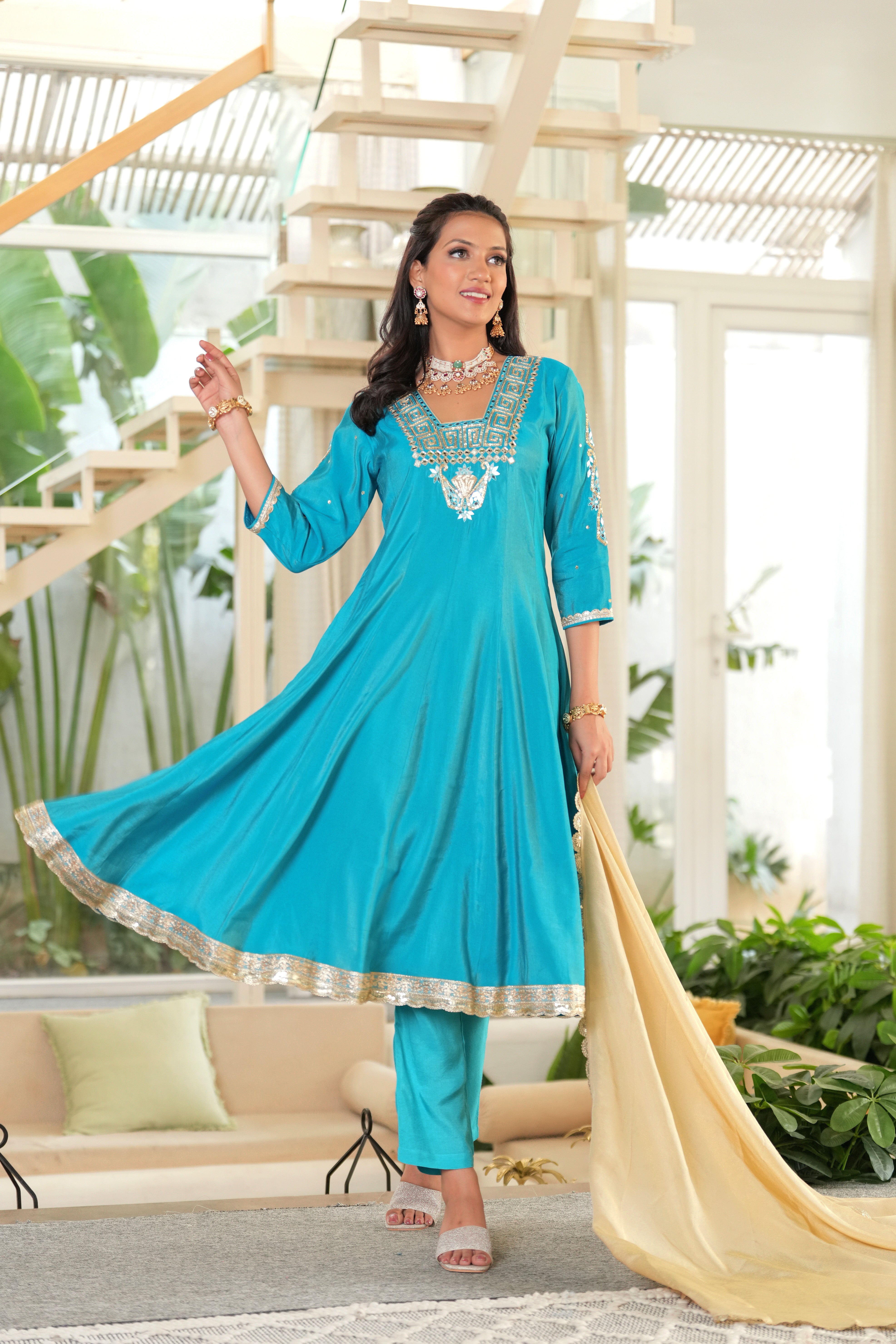 Turquoise Firoza Mirror Work Anarkali Set with Tissue Dupatta