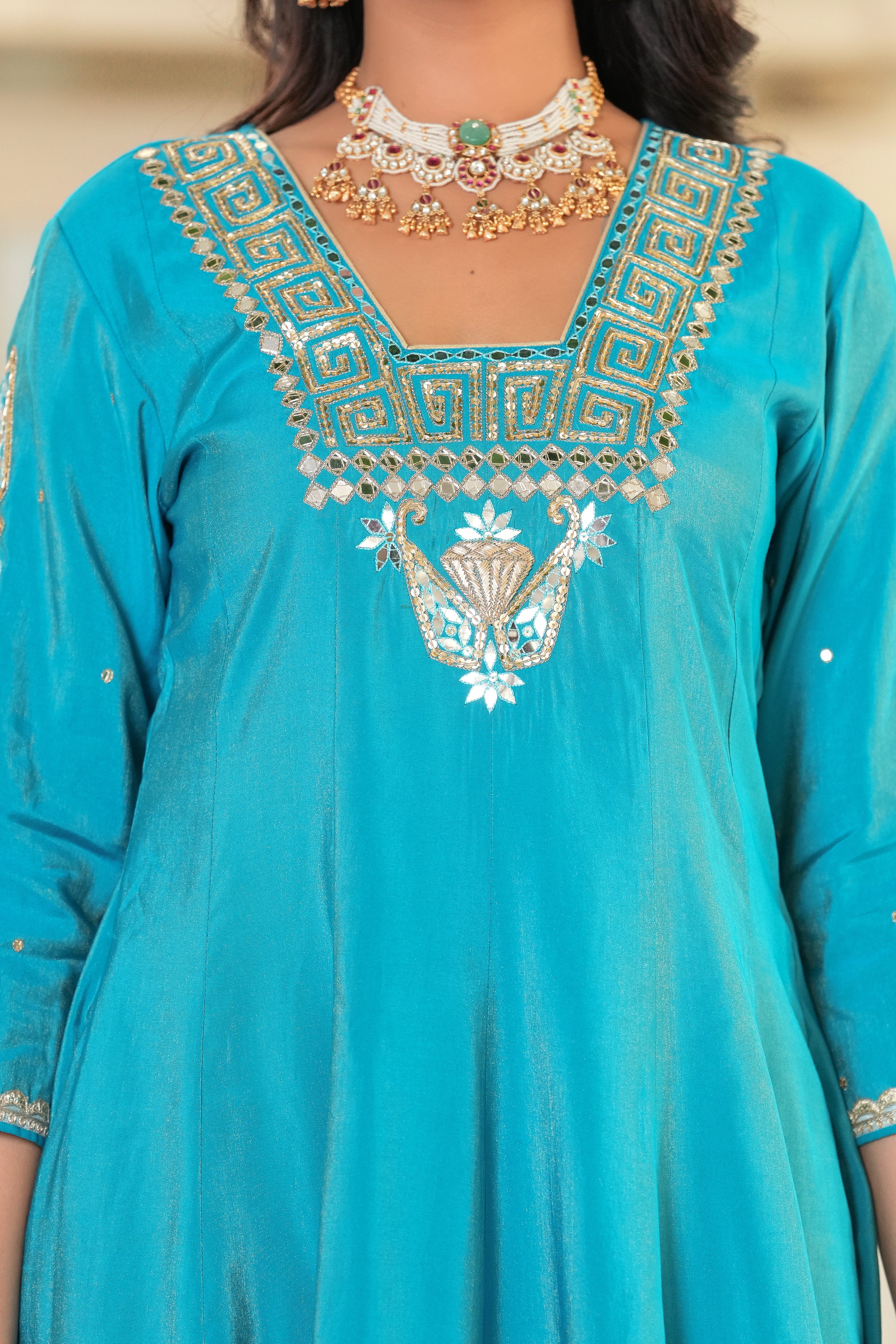 Turquoise Firoza Mirror Work Anarkali Set with Tissue Dupatta