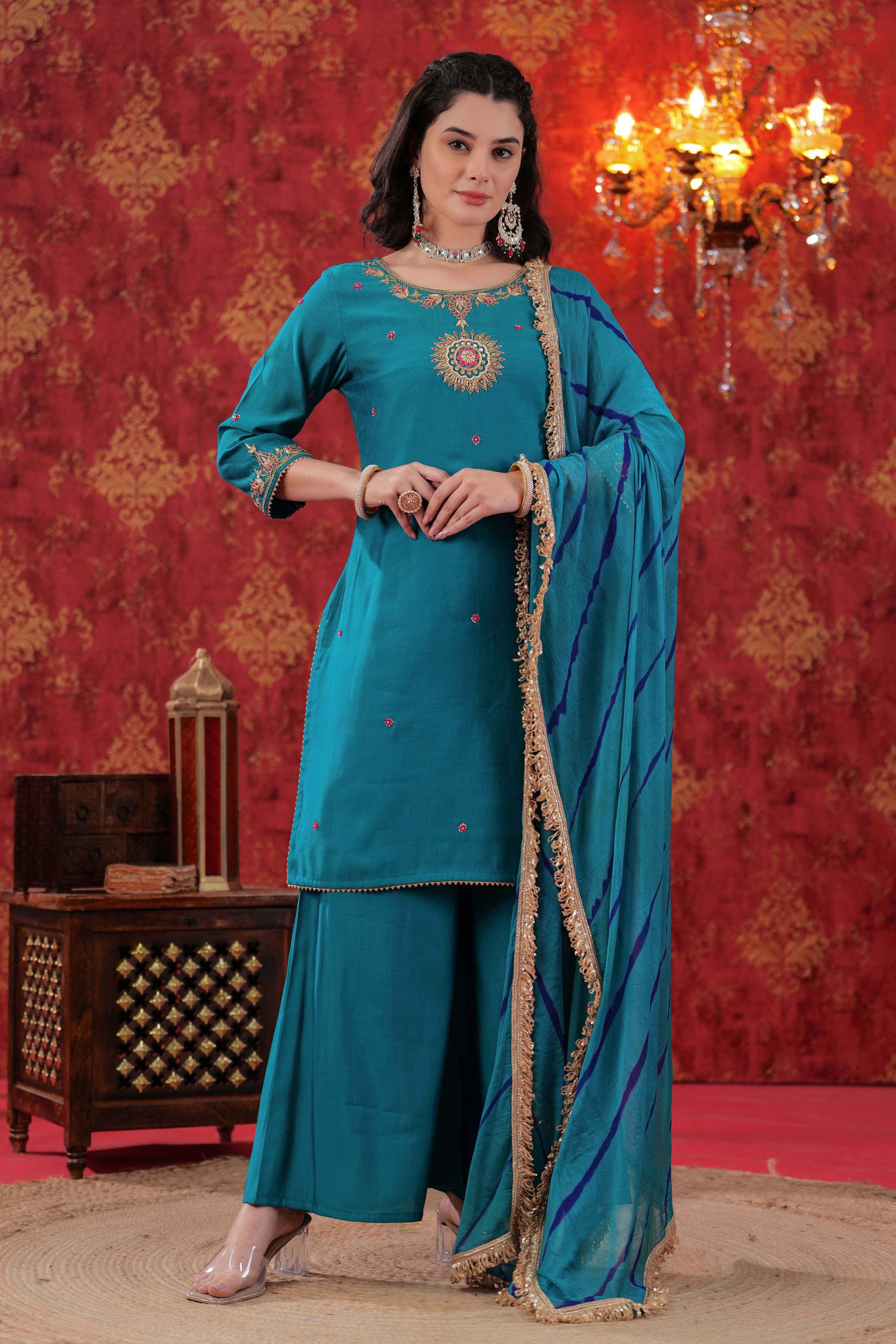 Turquoise Firoza Sharara Set with Leheriya Dupatta