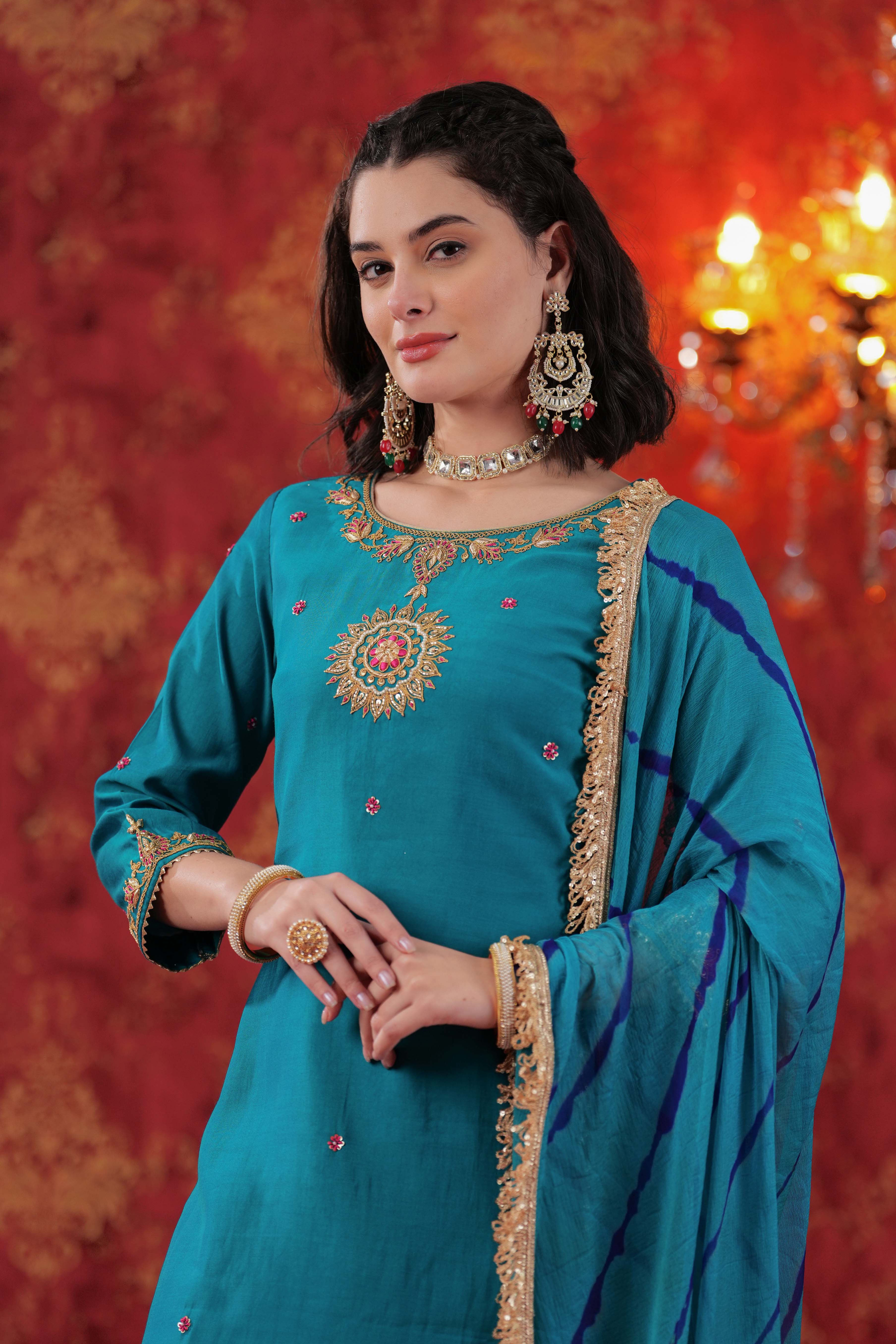 Turquoise Firoza Sharara Set with Leheriya Dupatta